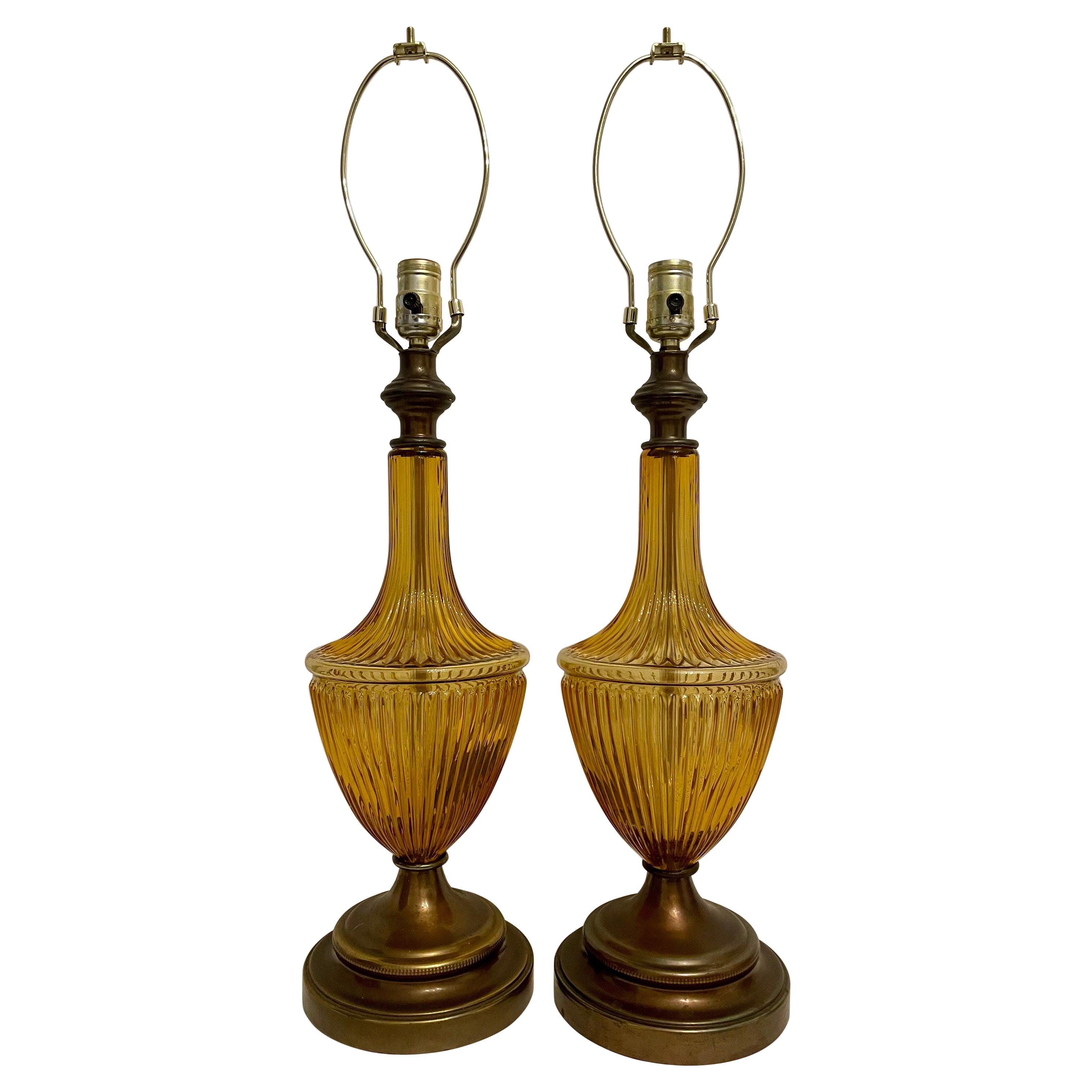 Pair Mid Century Amber Glass Lamps