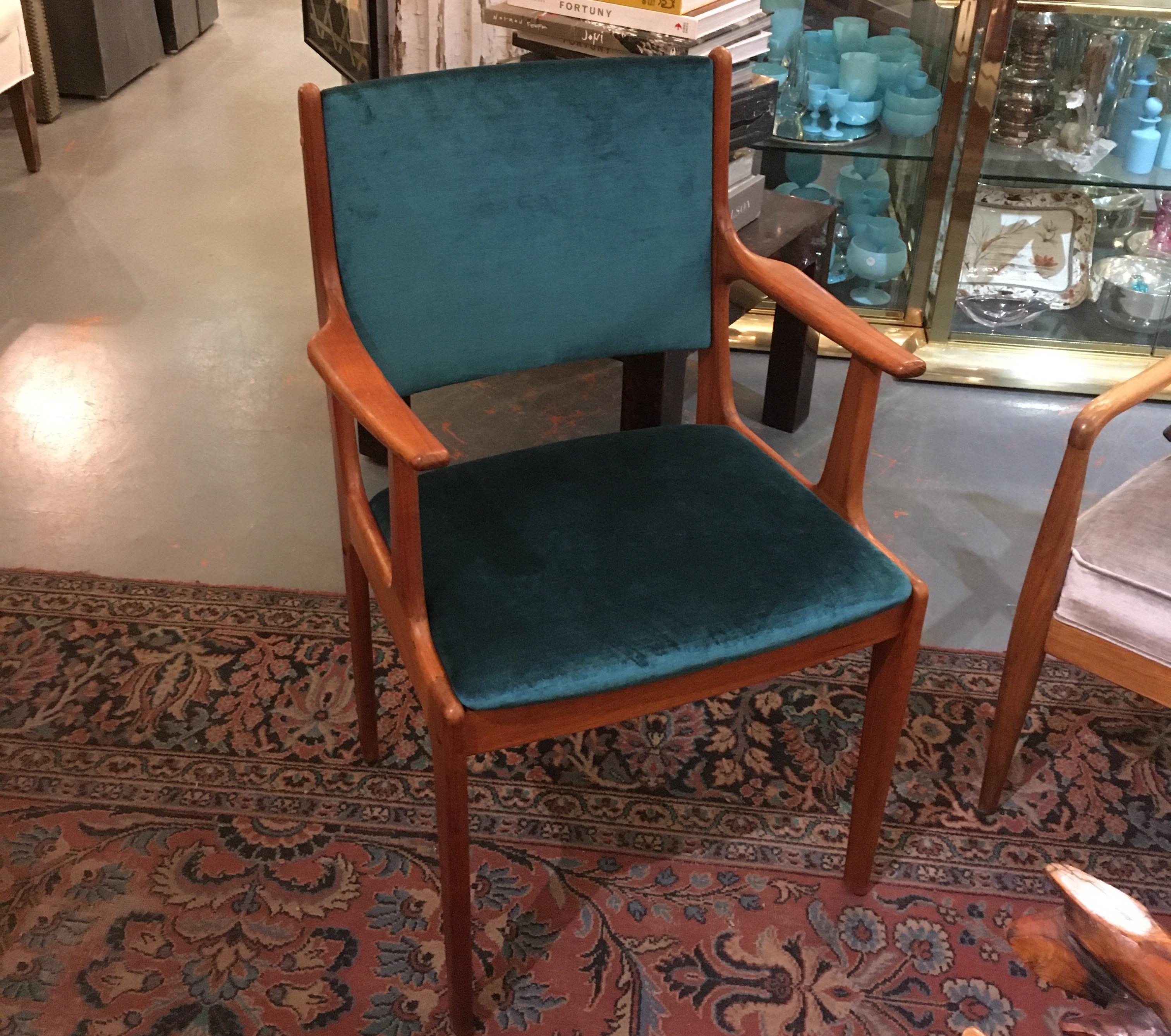 Beautiful pair of wood Scandinavian mid-20th century armchairs freshly upholstered in lux silk velvet. Perfect side chairs for living room, bedroom or around a dining table.