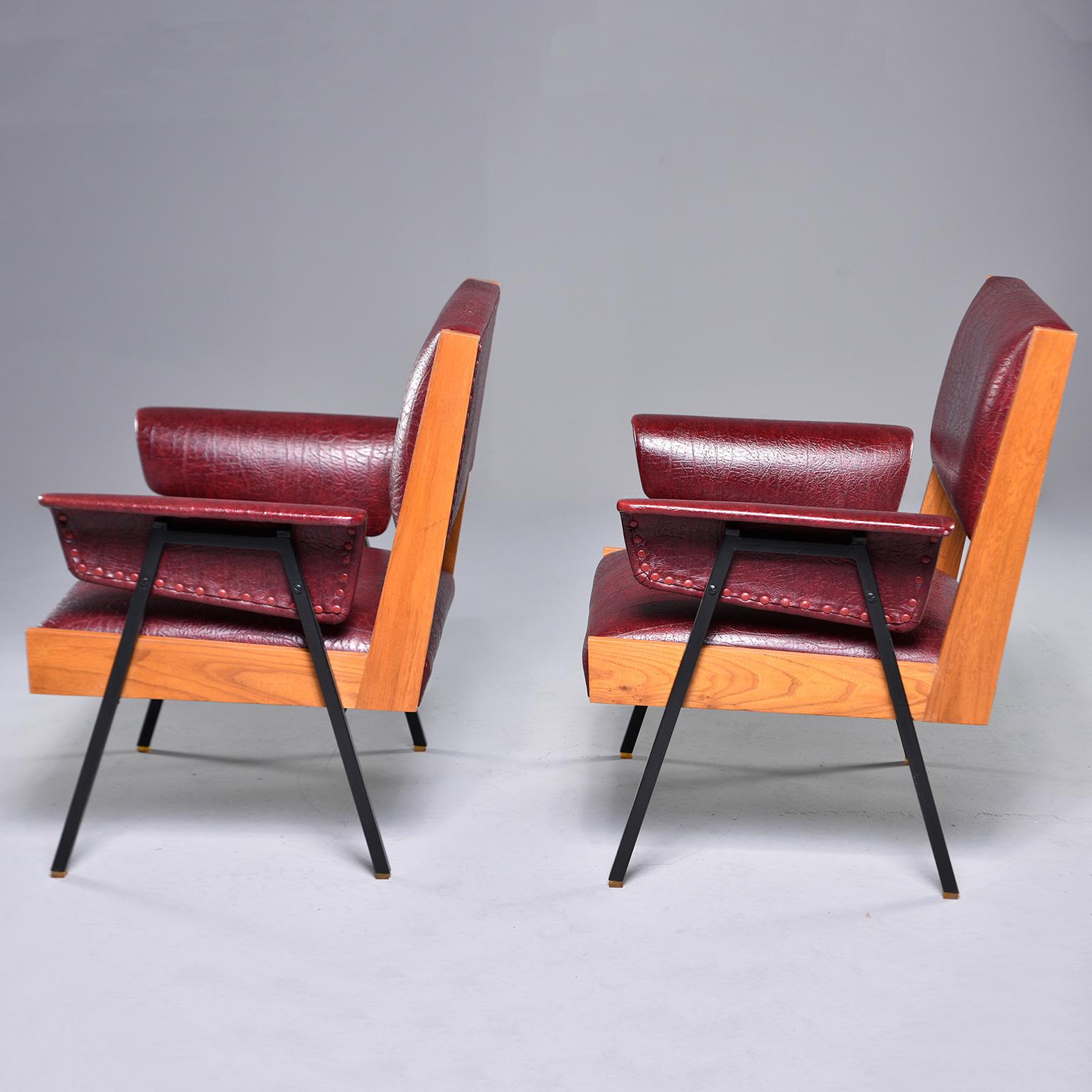 European Pair of Midcentury Armchairs with Wood Frames and Metal Legs