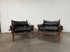 Pair Mid Century Arne Norell Swedish Black Leather Sling Safari Kontiki chairs