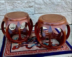Pair Mid Century Asian Chinoiserie Chinese Rosewood Melon Drum Stools
