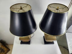 Pair Mid Century Asian Inspired Brass Table Lamps w Gargoyle Handle & Shades