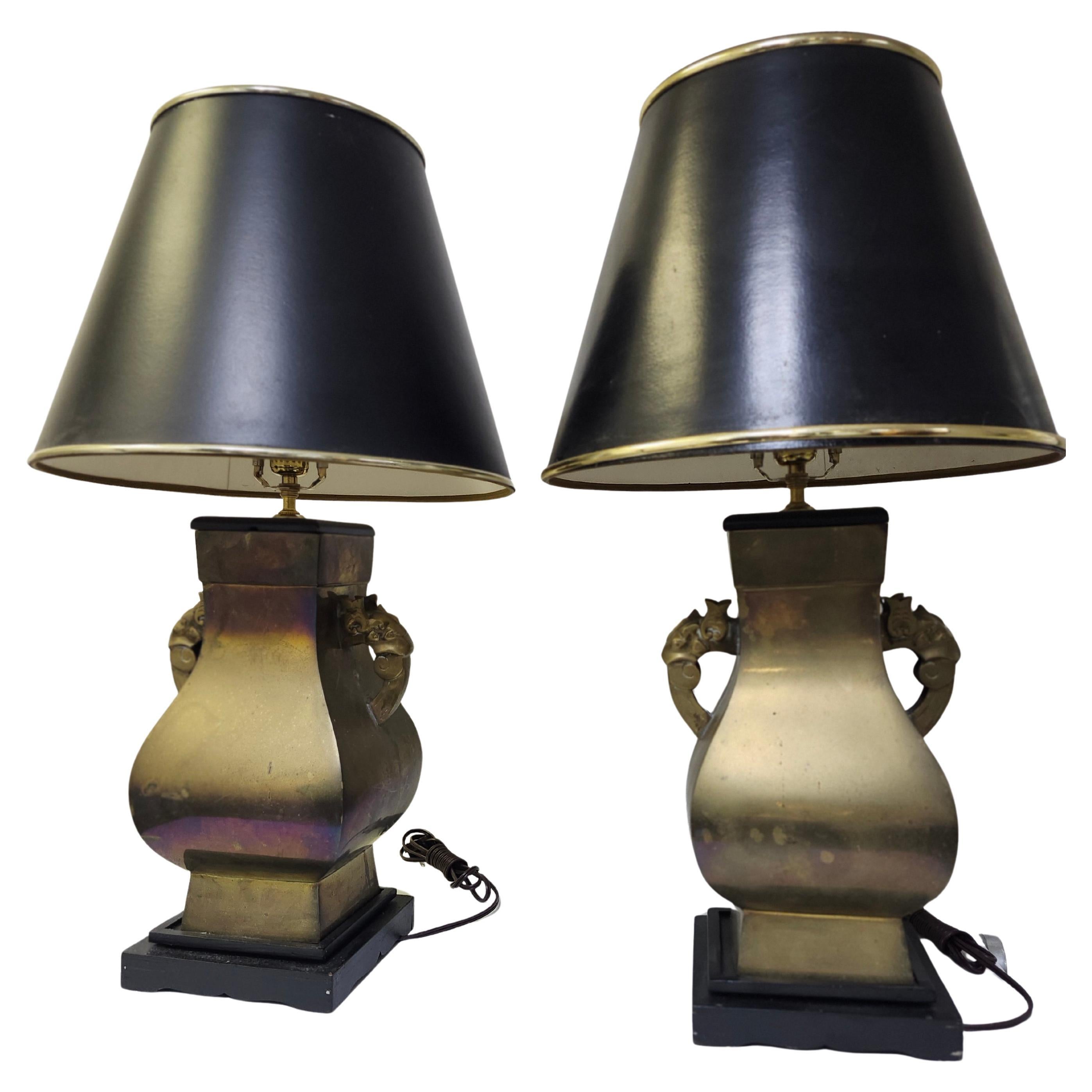Pair Mid Century Asian Inspired Brass Table Lamps w Gargoyle Handle & Shades For Sale