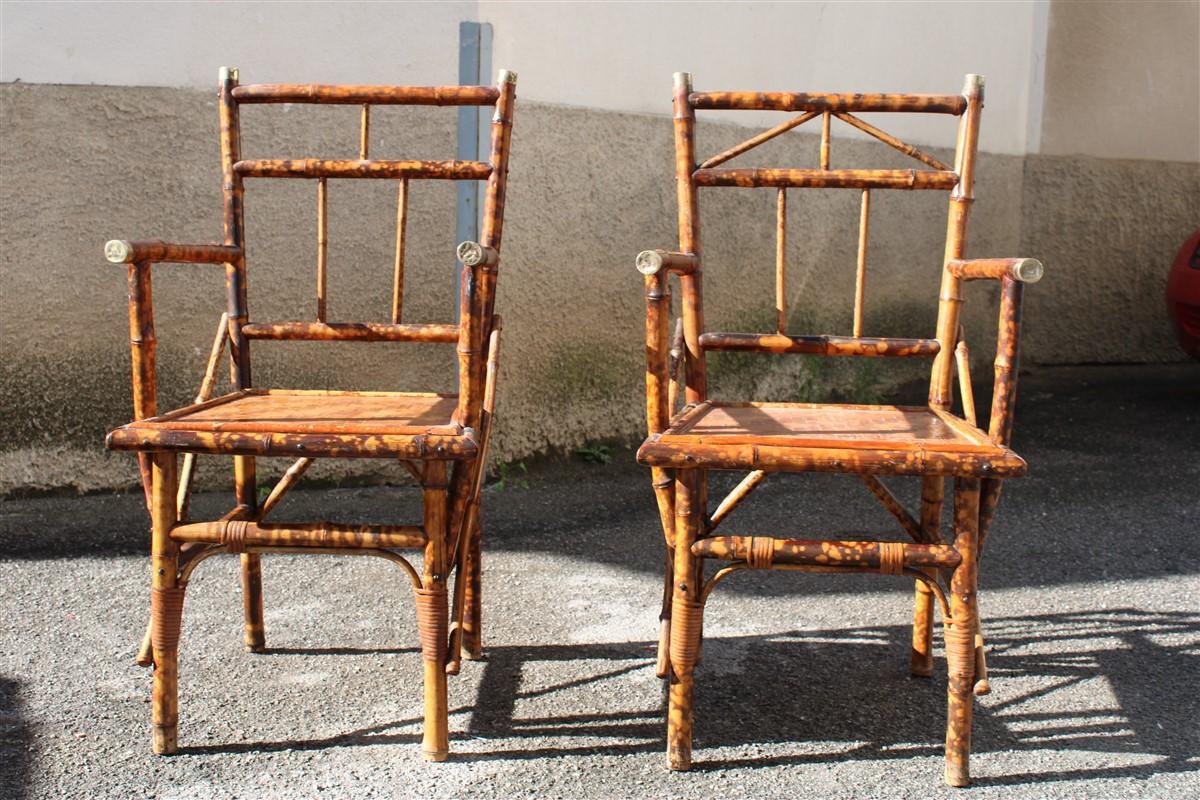 Pair mid-century bamboo chairs brass Parts Gabriella crespi style 1950s.