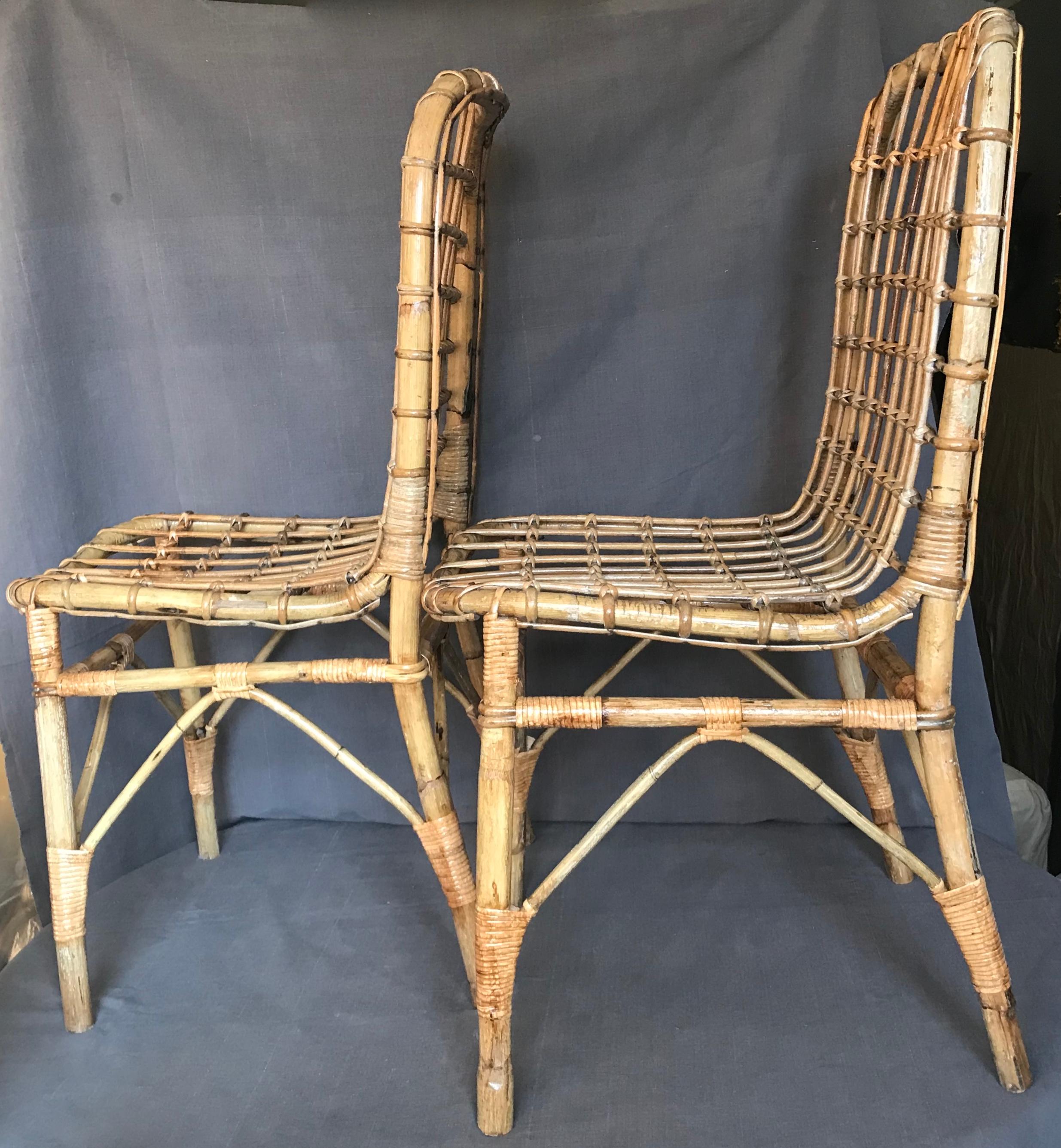 20th Century Pair Italian Rattan Side Chairs For Sale