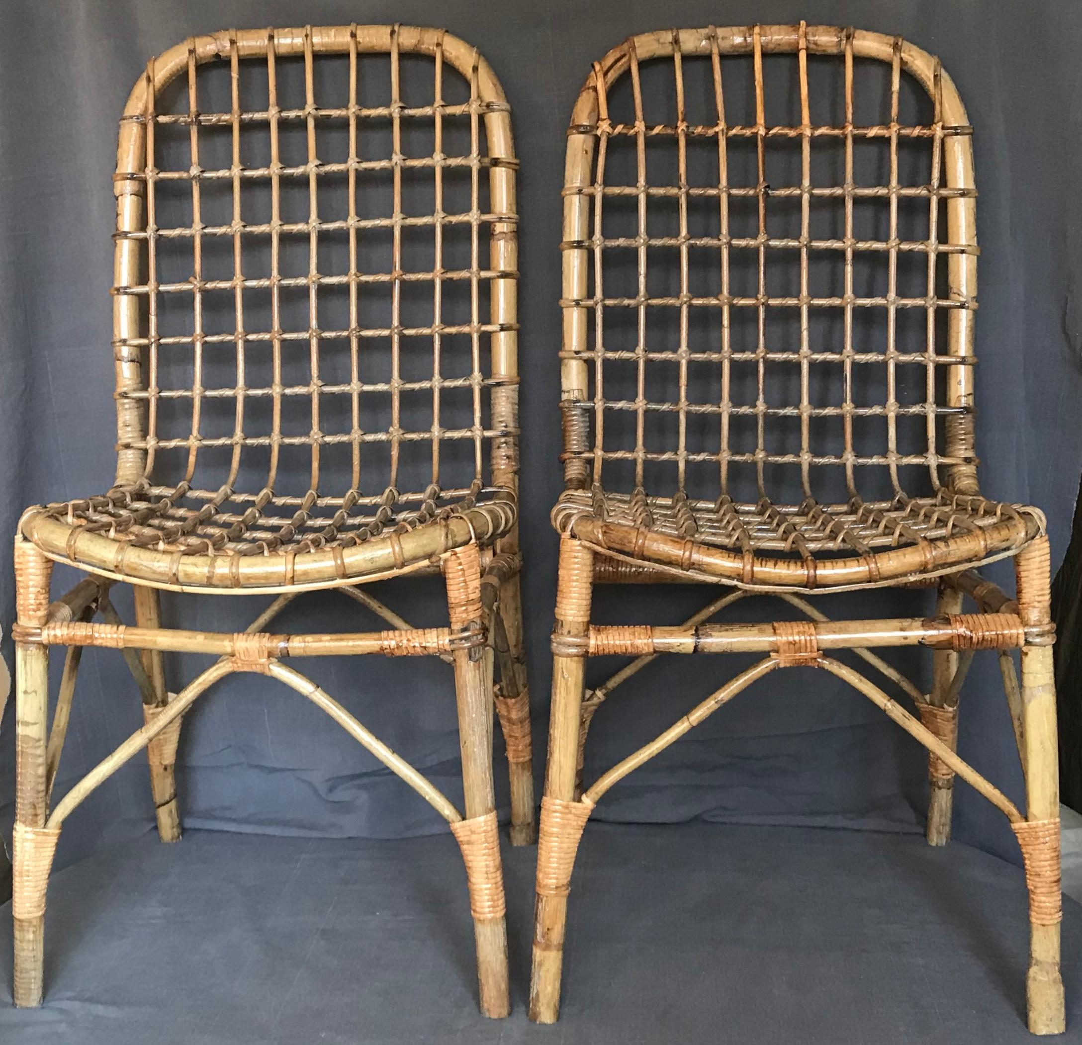 Bamboo Pair Italian Rattan Side Chairs For Sale