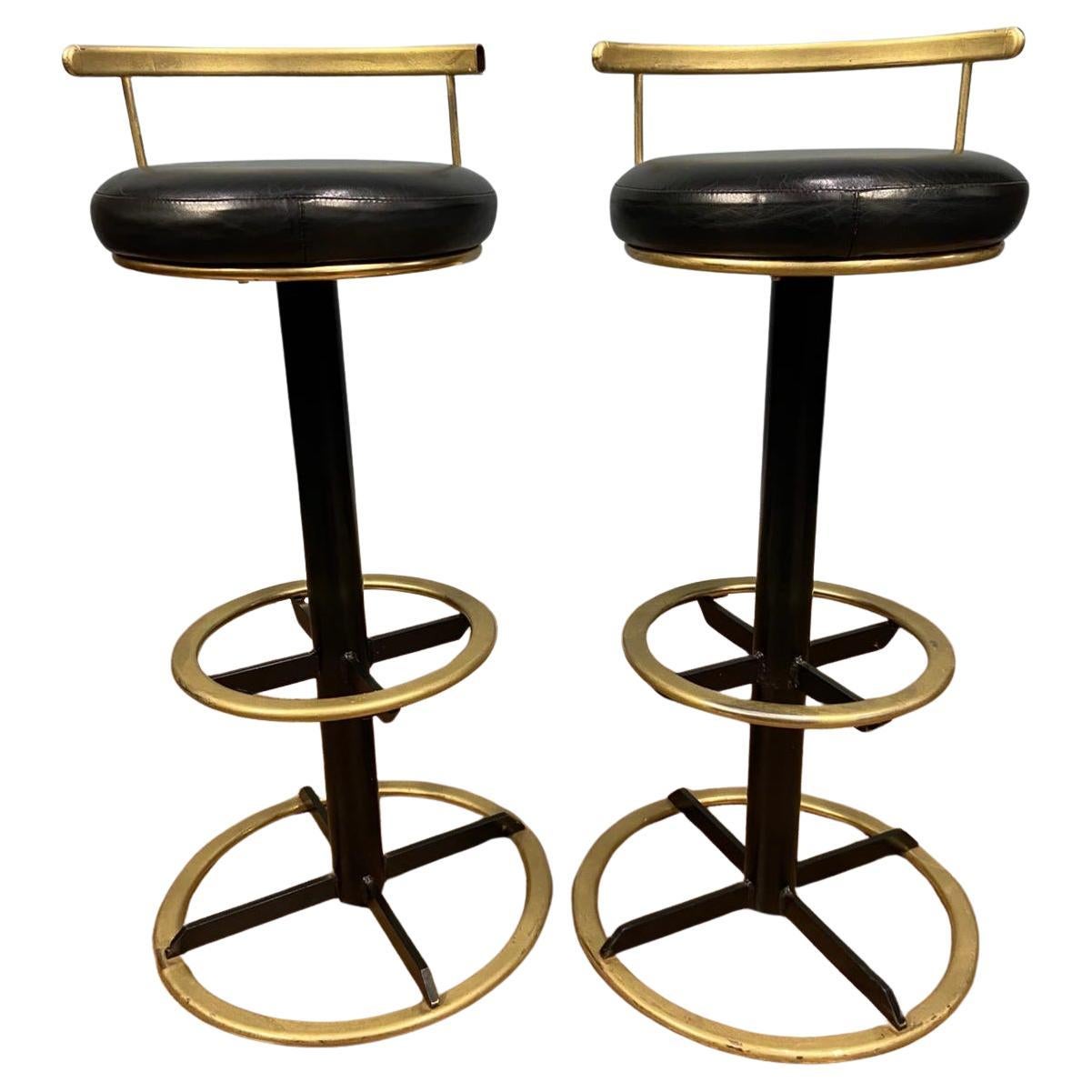 Pair Mid Century Bar Stools Brass Leather Seats 1950