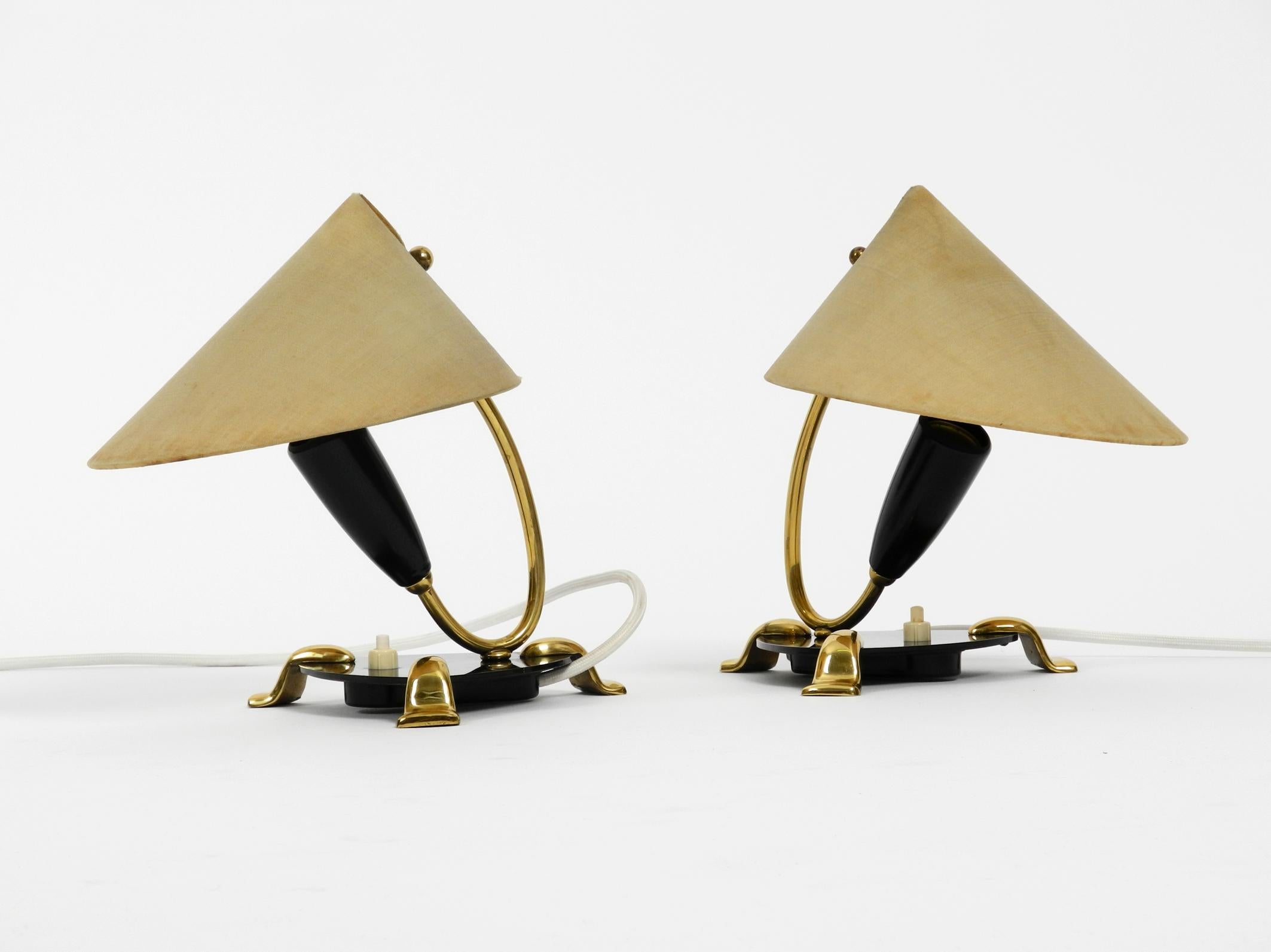 Pair of Midcentury Bedside Lamps Made of Brass and Plexiglass with Fabric Shades 4