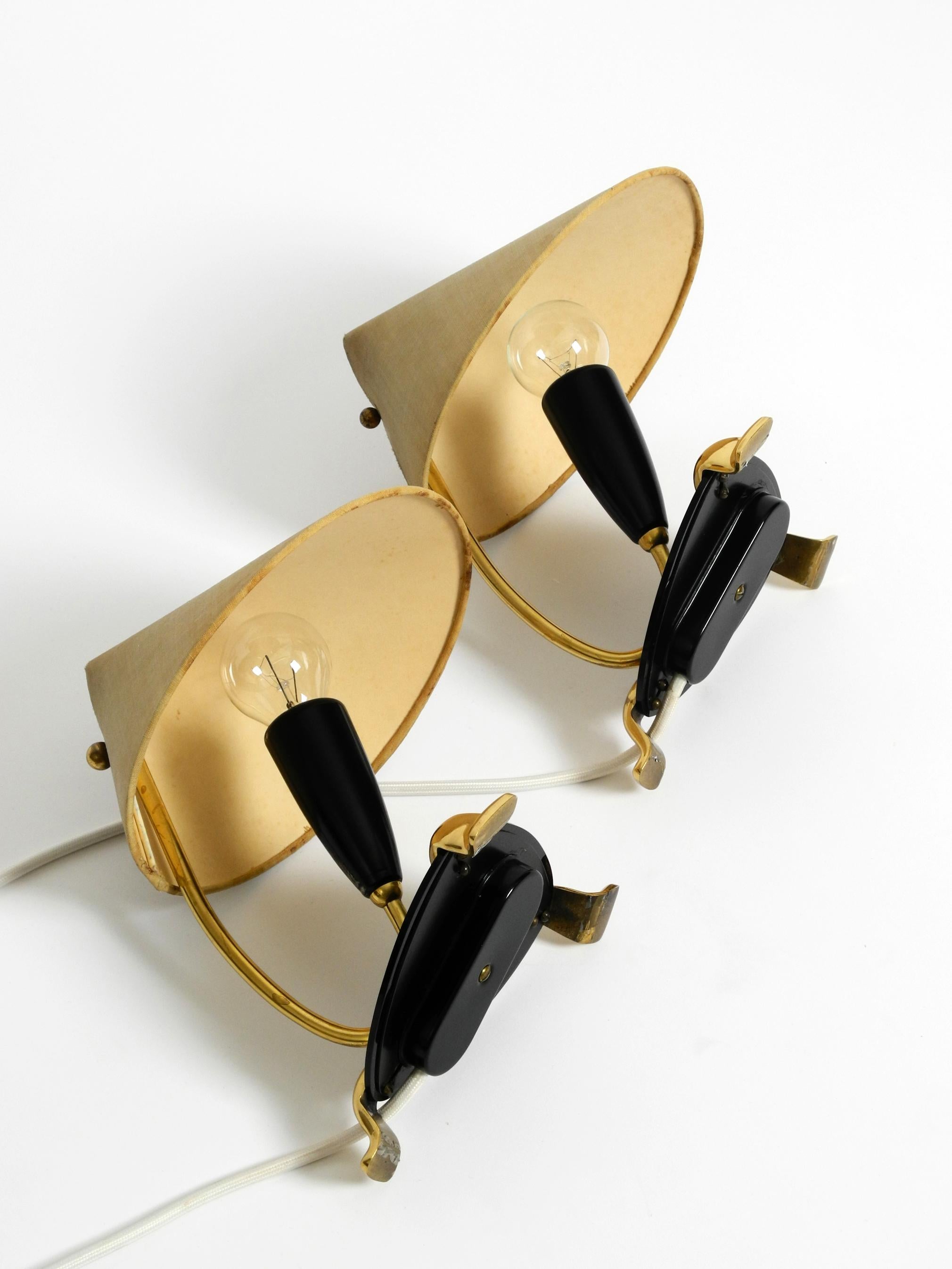 Pair of Midcentury Bedside Lamps Made of Brass and Plexiglass with Fabric Shades 5