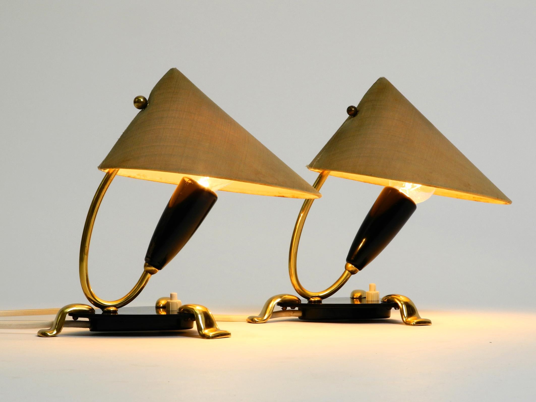 Mid-Century Modern Pair of Midcentury Bedside Lamps Made of Brass and Plexiglass with Fabric Shades