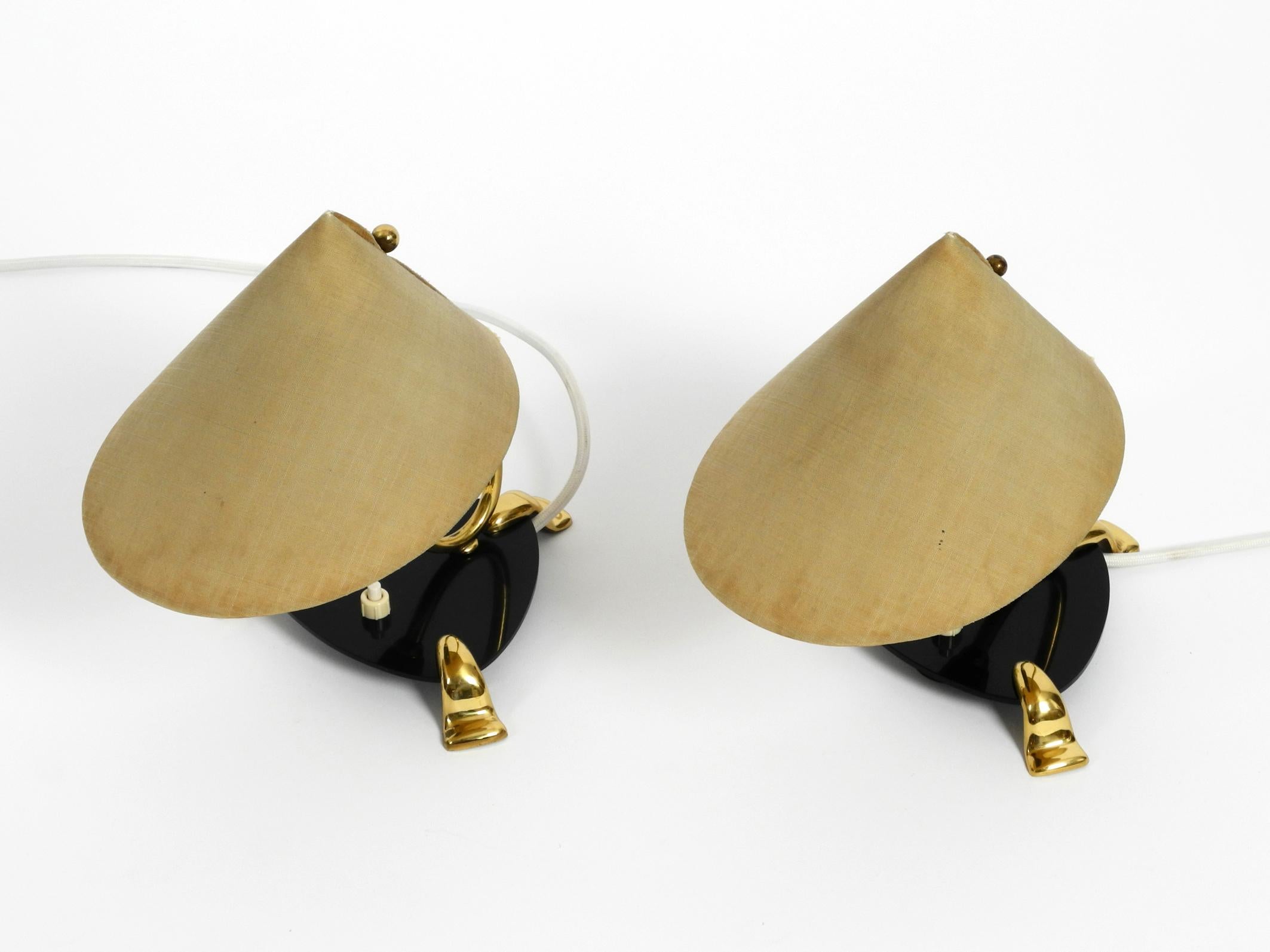 German Pair of Midcentury Bedside Lamps Made of Brass and Plexiglass with Fabric Shades