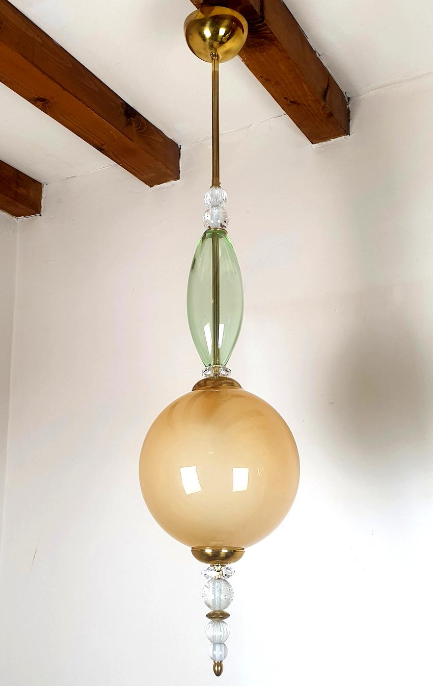 Late 20th Century Pair Mid Century Beige & Green Murano Glass Pendant Chandeliers Cenedese Style