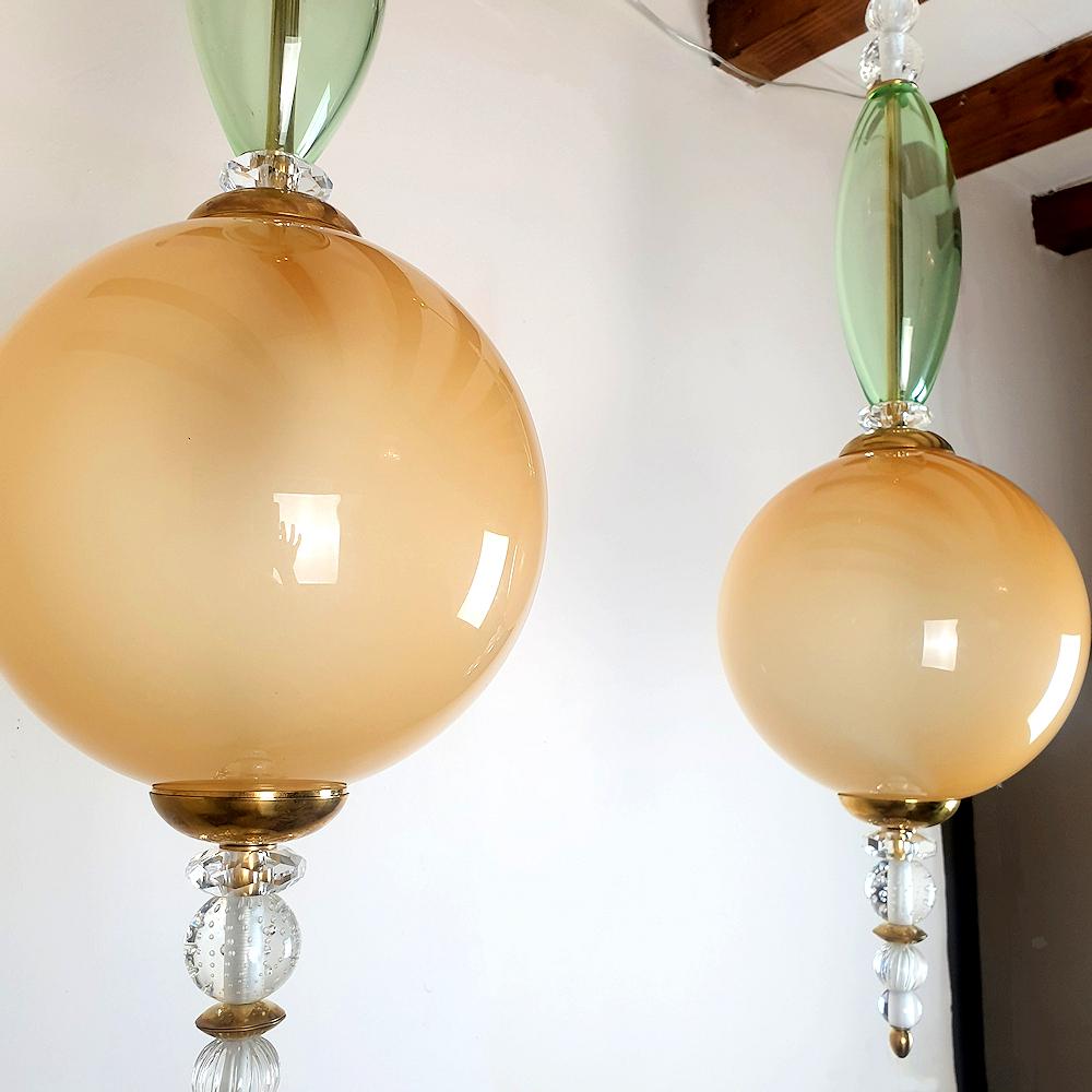 Brass Pair Mid Century Beige & Green Murano Glass Pendant Chandeliers Cenedese Style