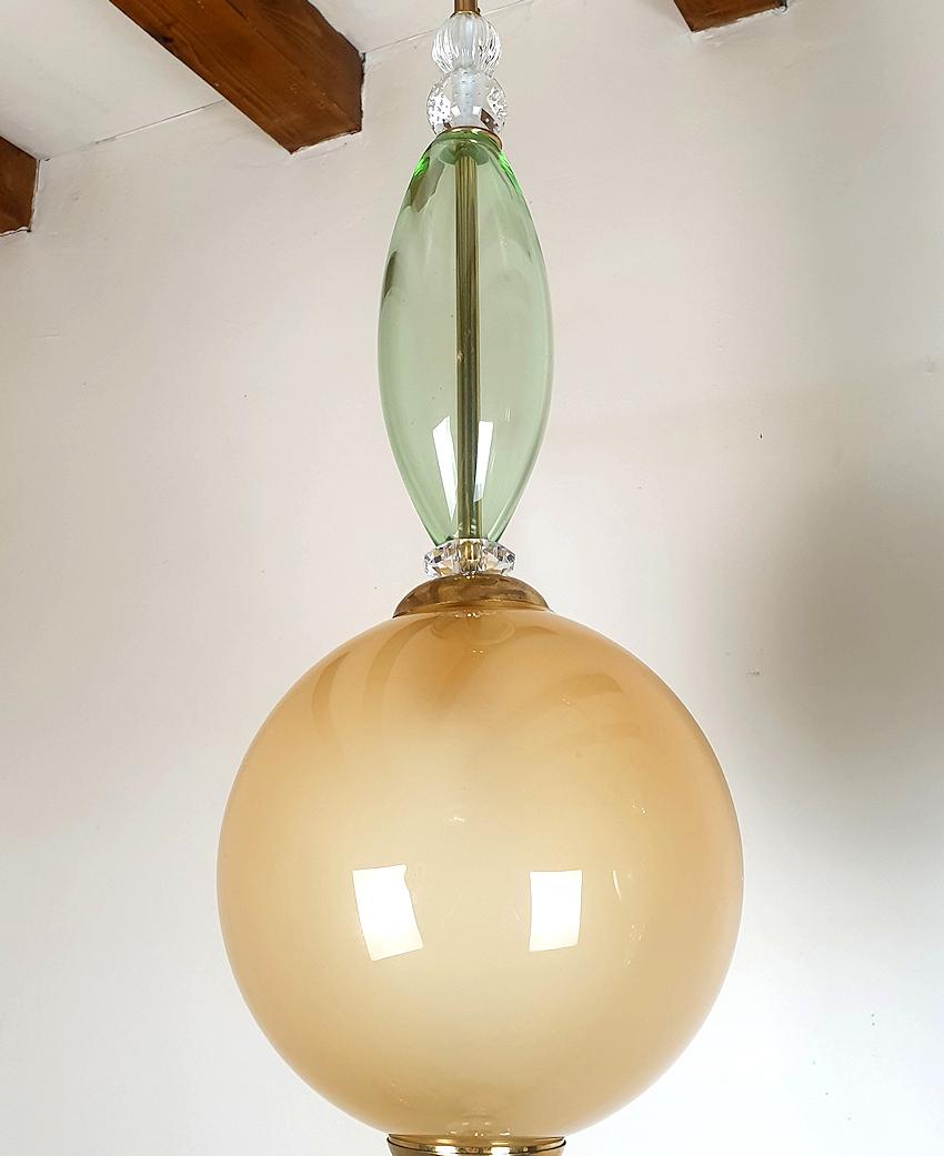 Pair Mid Century Beige & Green Murano Glass Pendant Chandeliers Cenedese Style 2