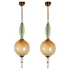 Pair Mid Century Beige & Green Murano Glass Pendant Chandeliers Cenedese Style