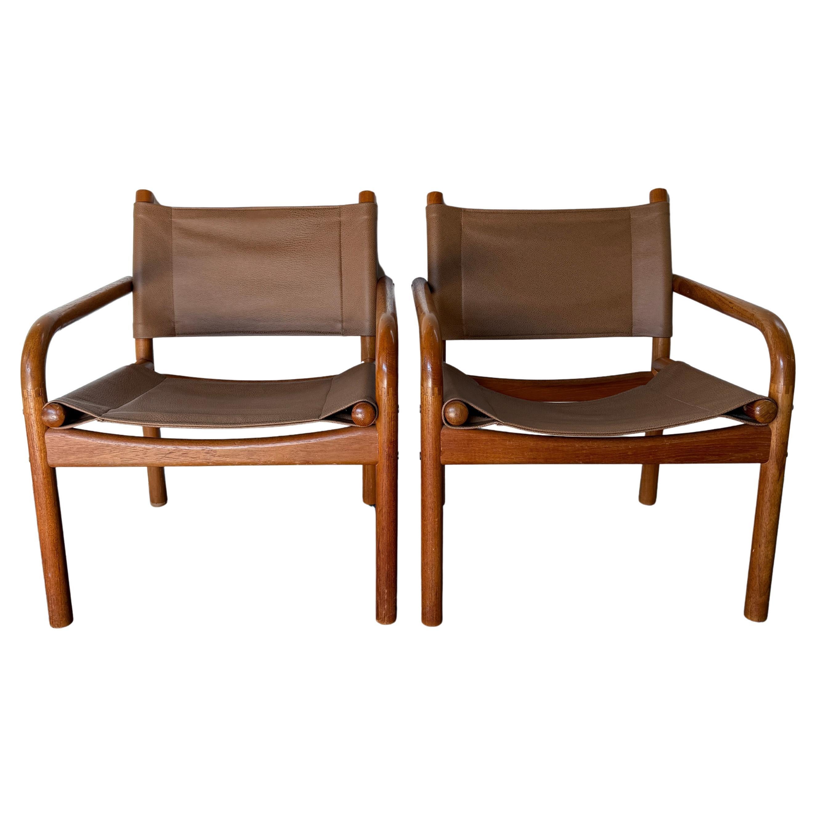 Pair Mid century Ben af Schulten for Artek 411P leather teak Safari Chairs
