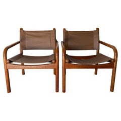 Pair Mid century Ben af Schulten for Artek 411P leather teak Safari Chairs