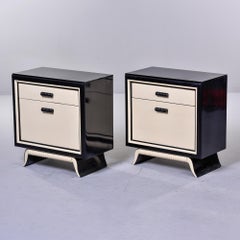 Pair Mid Century Black and Cream Italian Bedside Cabinets with Black Glass Tops