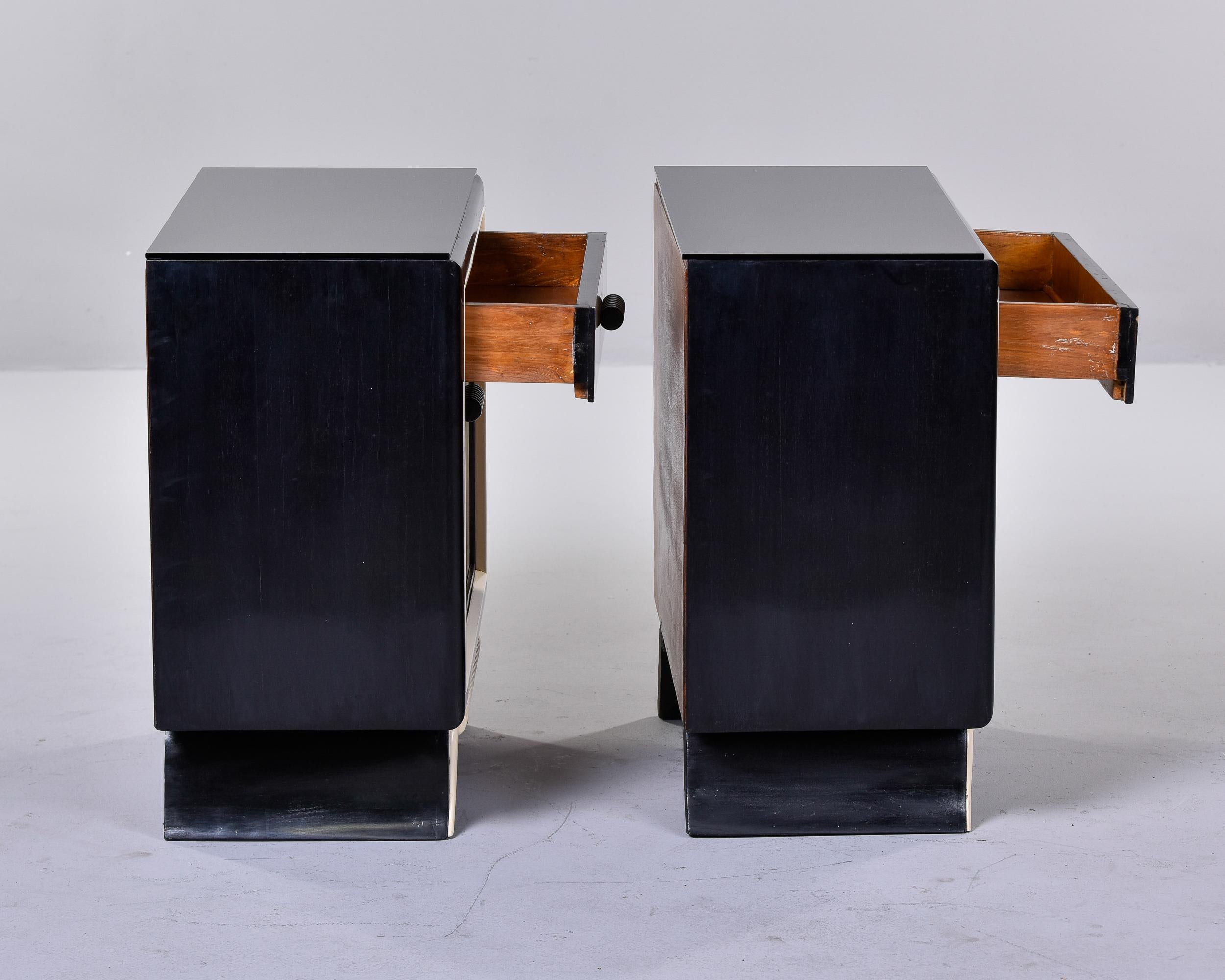 Pair Mid Century Black and Cream Italian Bedside Cabinets with Black Glass Tops For Sale 2