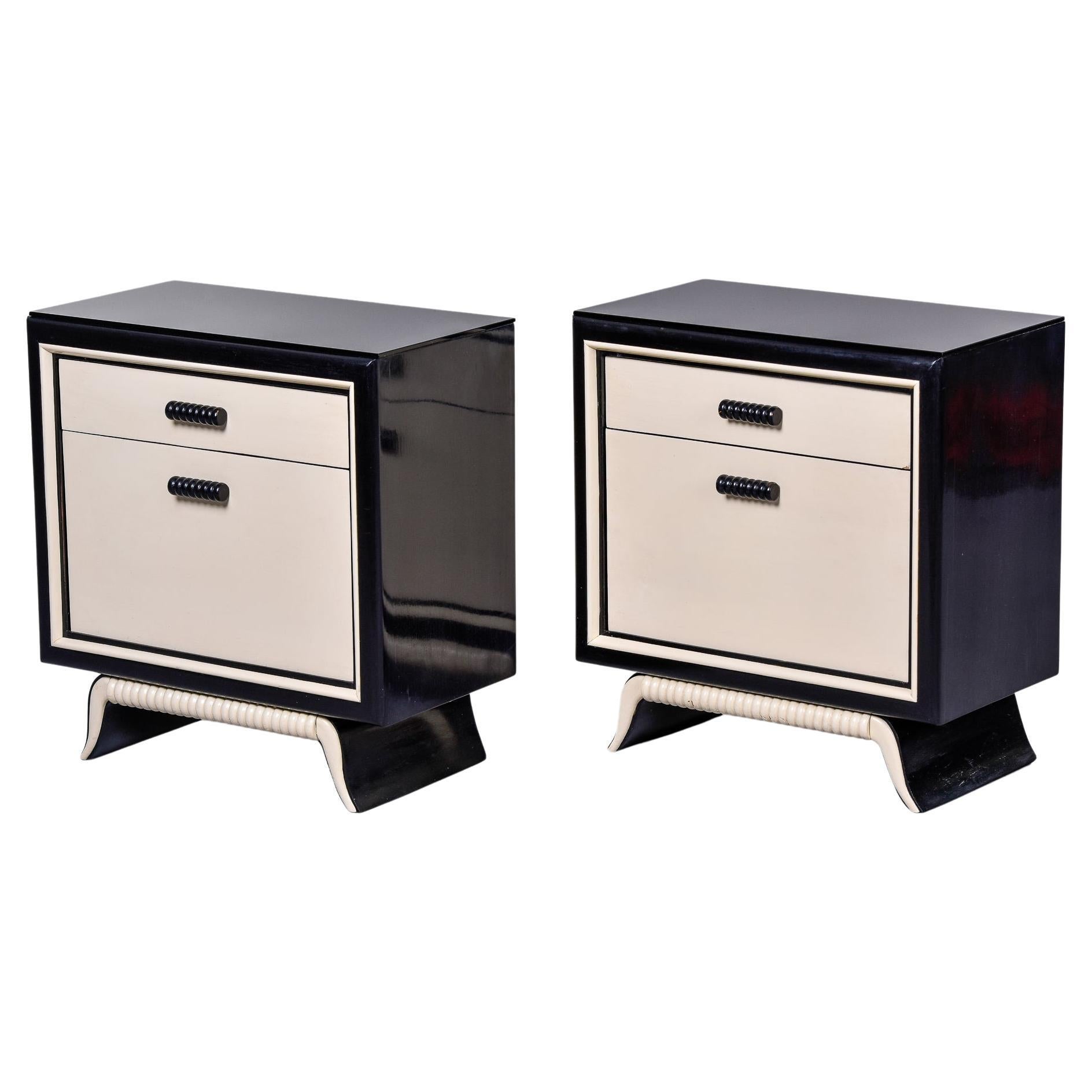 Pair Mid Century Black and Cream Italian Bedside Cabinets with Black Glass Tops For Sale