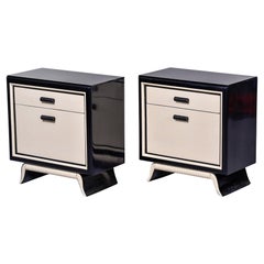 Pair Mid Century Black and Cream Italian Bedside Cabinets with Black Glass Tops