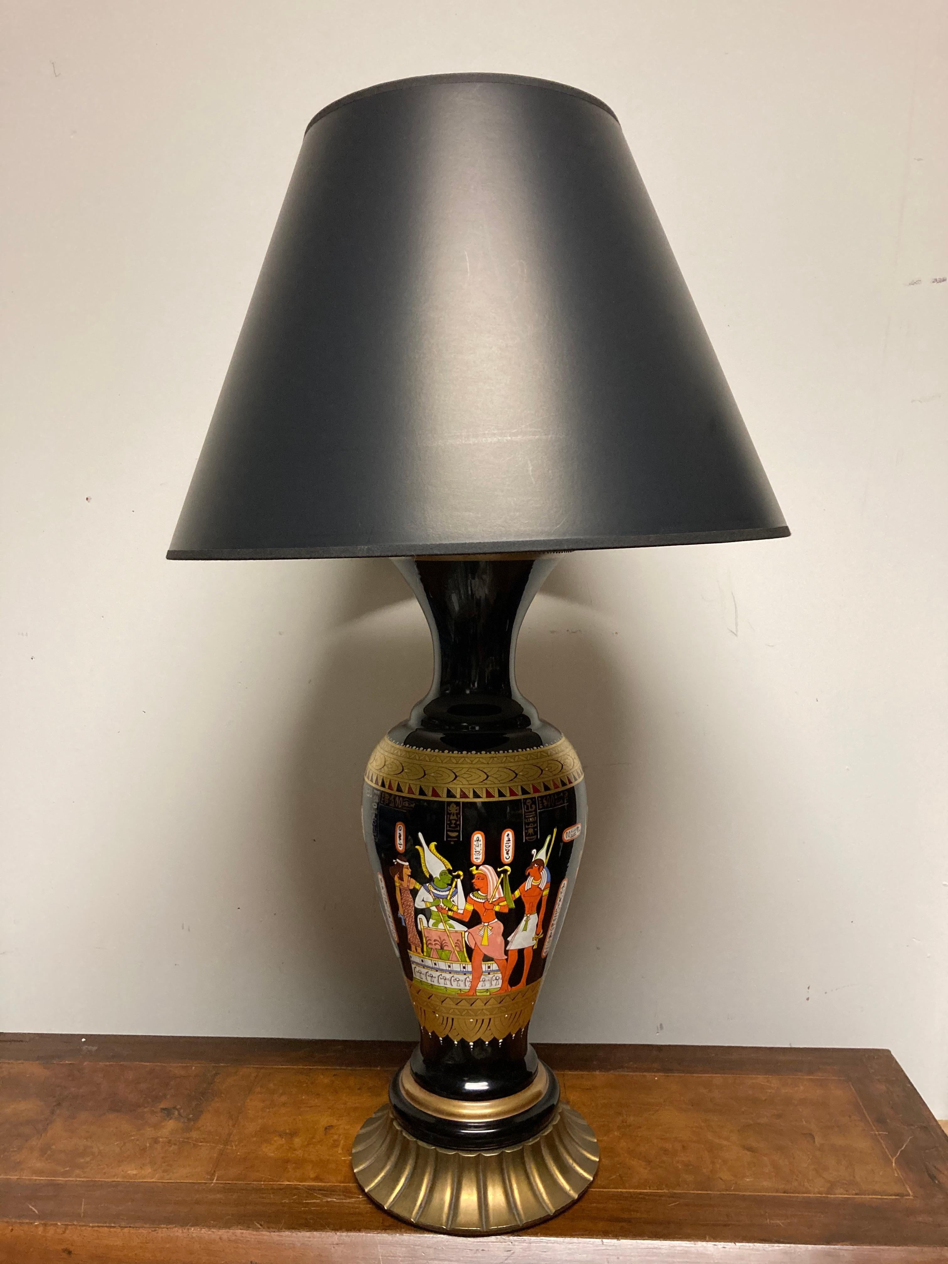 Pair Mid Century Black Glass Lamps with Egyptian Decoration 11