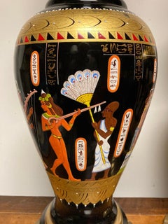 Pair Mid Century Black Glass Lamps with Egyptian Decoration