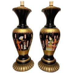 Pair Mid Century Black Glass Lamps with Egyptian Decoration