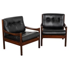 Pair, Mid Century Black Leather Arm Chairs, Denmark circa 1960