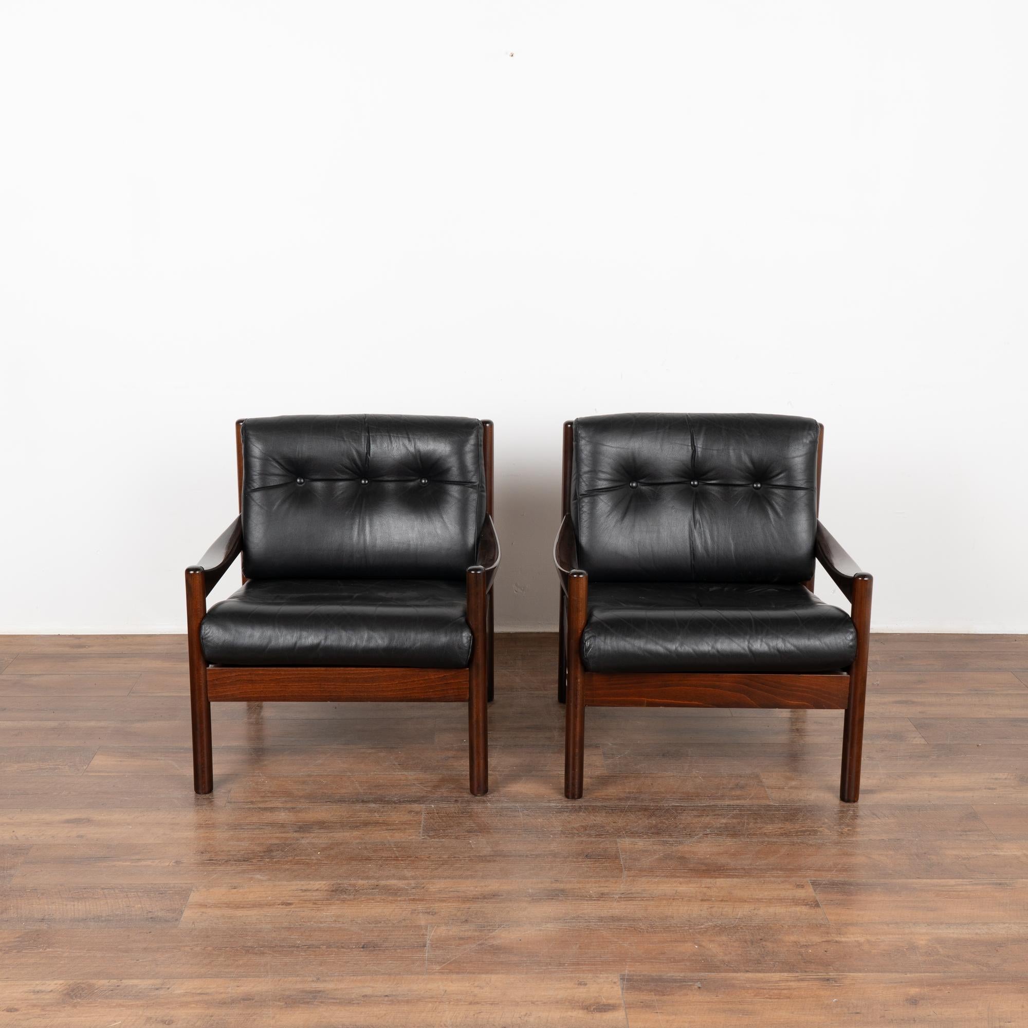 Mid-Century Modern Pair, Mid Century Black Leather Arm Chairs, Denmark circa 1960 For Sale