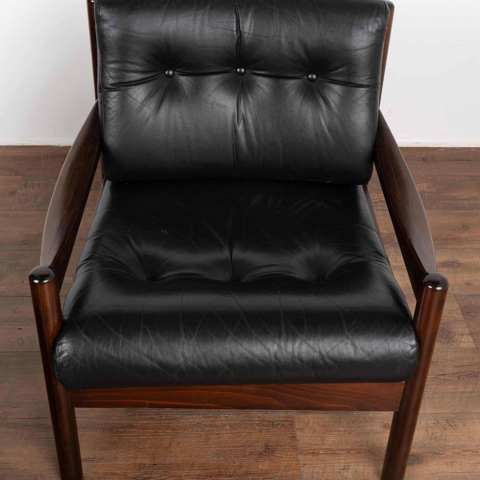 Danish Pair, Mid Century Black Leather Arm Chairs, Denmark circa 1960 For Sale