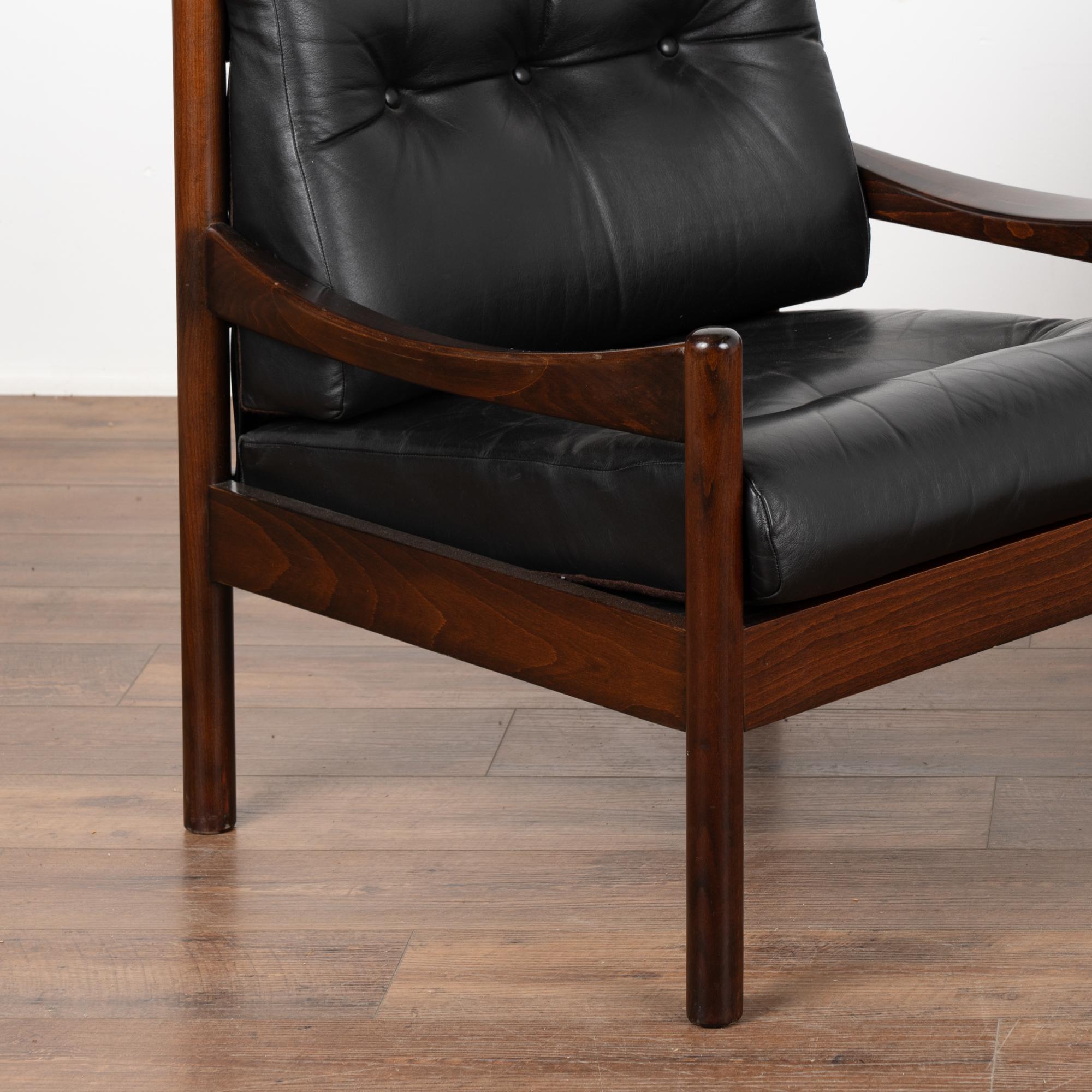 Pair, Mid Century Black Leather Arm Chairs, Denmark circa 1960 For Sale 1