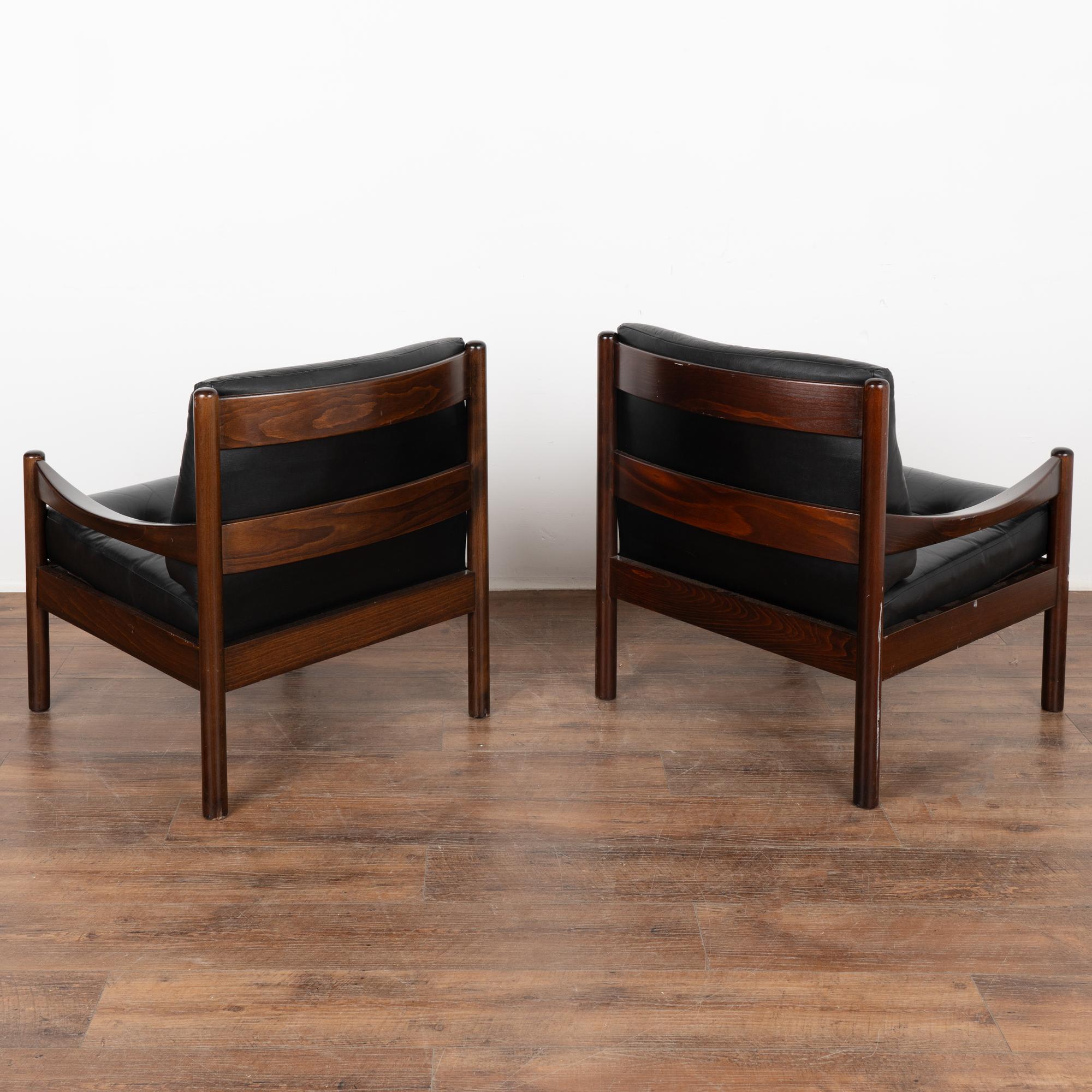 Pair, Mid Century Black Leather Arm Chairs, Denmark circa 1960 For Sale 2