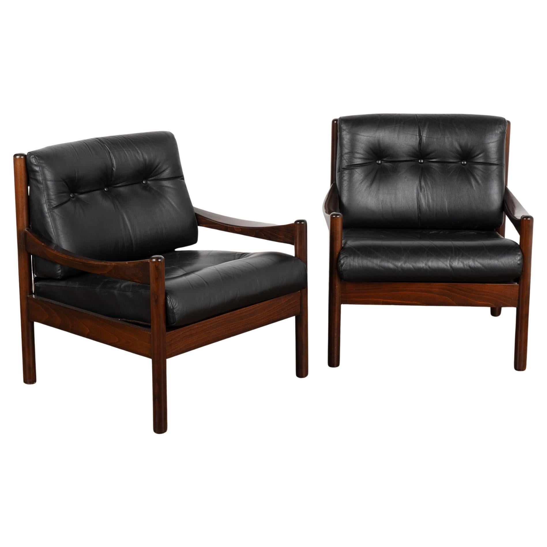 Pair, Mid Century Black Leather Arm Chairs, Denmark circa 1960 For Sale