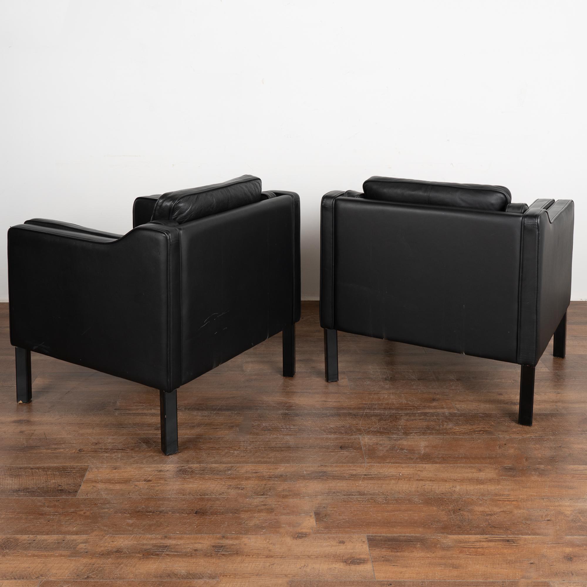 Pair, Midcentury Black Leather Arm Chairs, Denmark circa 1970s For Sale