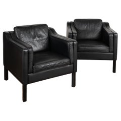 Pair, Midcentury Black Leather Arm Chairs, Denmark circa 1970s