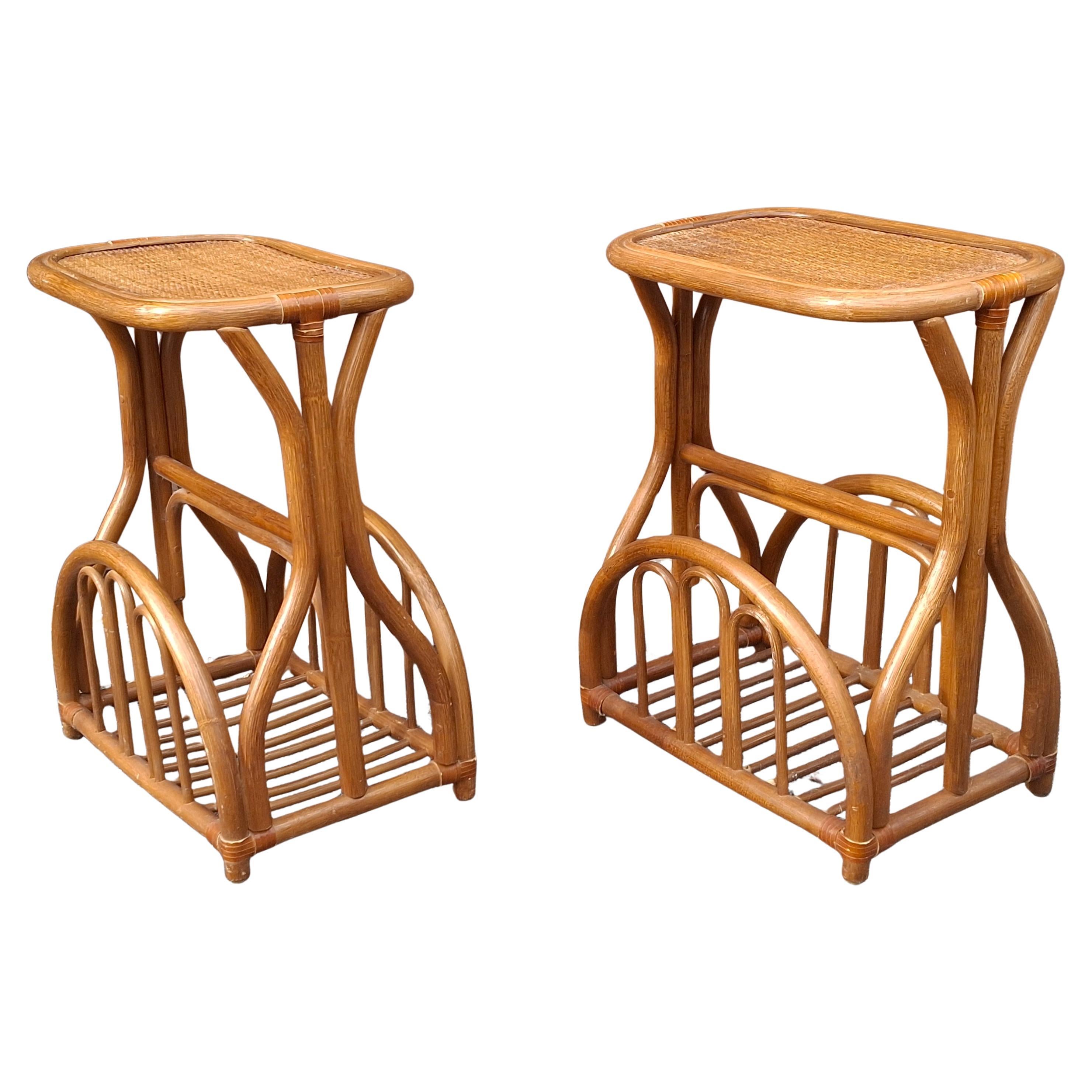 Pair Mid Century Bohochic Rattan Magazine Rack Side Tables For Sale