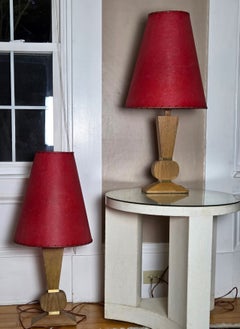 Pair Mid-Century Brancusi Cerused Oak Lamps W/ Original Red Fiberglass Shades