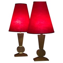 Pair Mid-Century Brancusi Cerused Oak Lamps W/ Original Red Fiberglass Shades