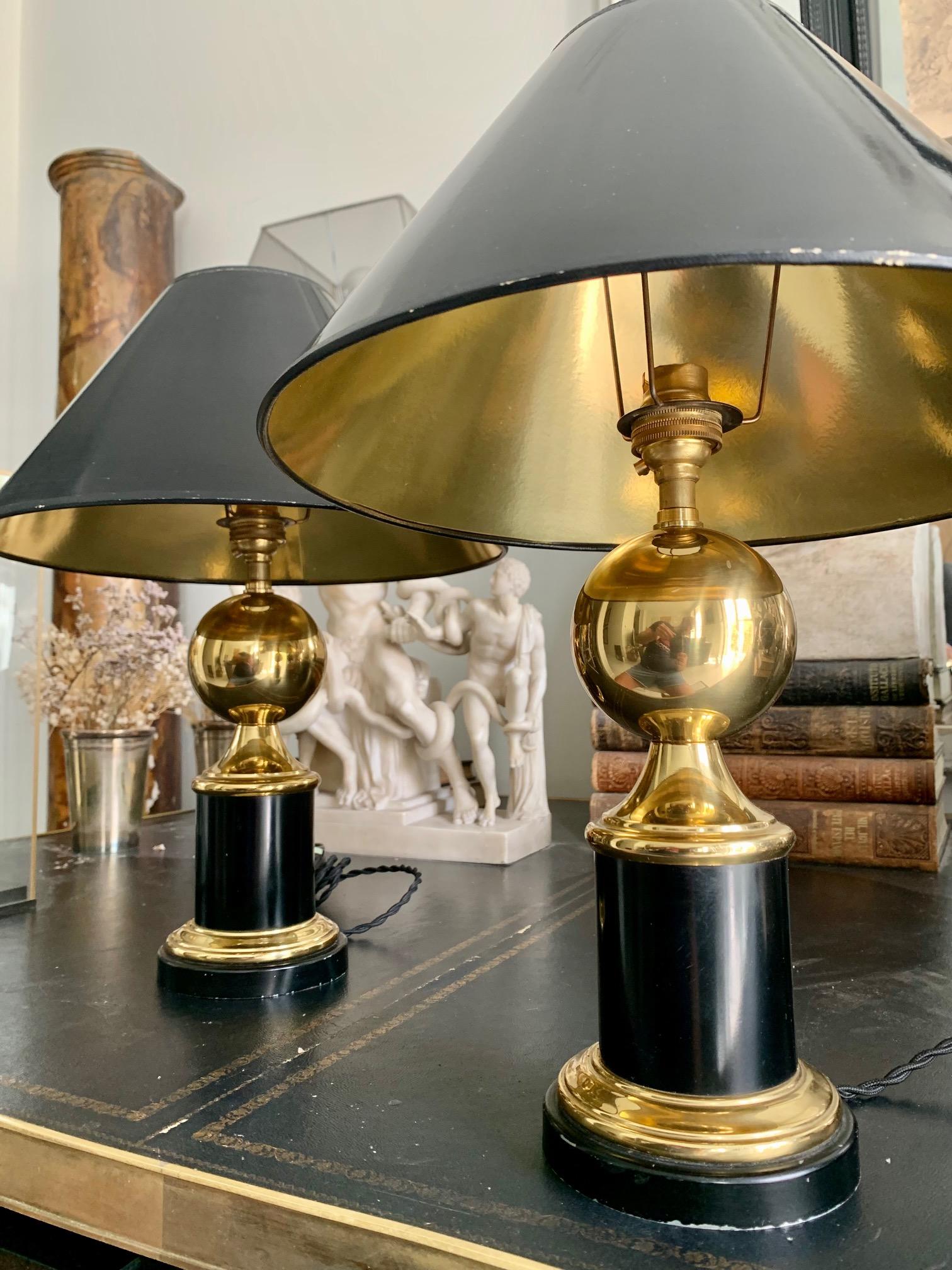Pair Mid Century Brass And Metal Lacquered Maison Charles Syle Table Lamps For Sale 1