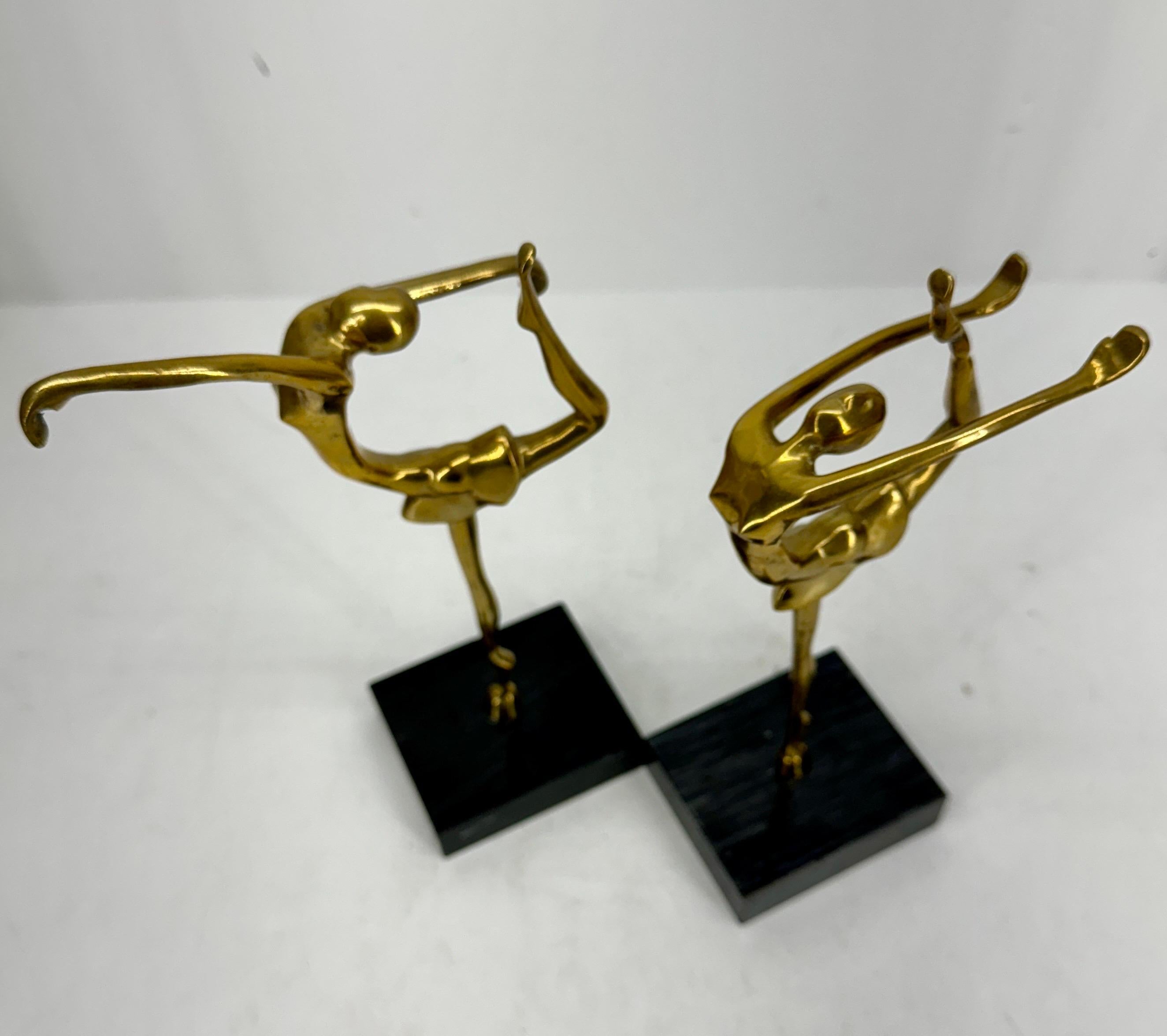 Hand-Crafted Pair Mid-Century Brass Ballerinas Table Sculptures on Marble For Sale