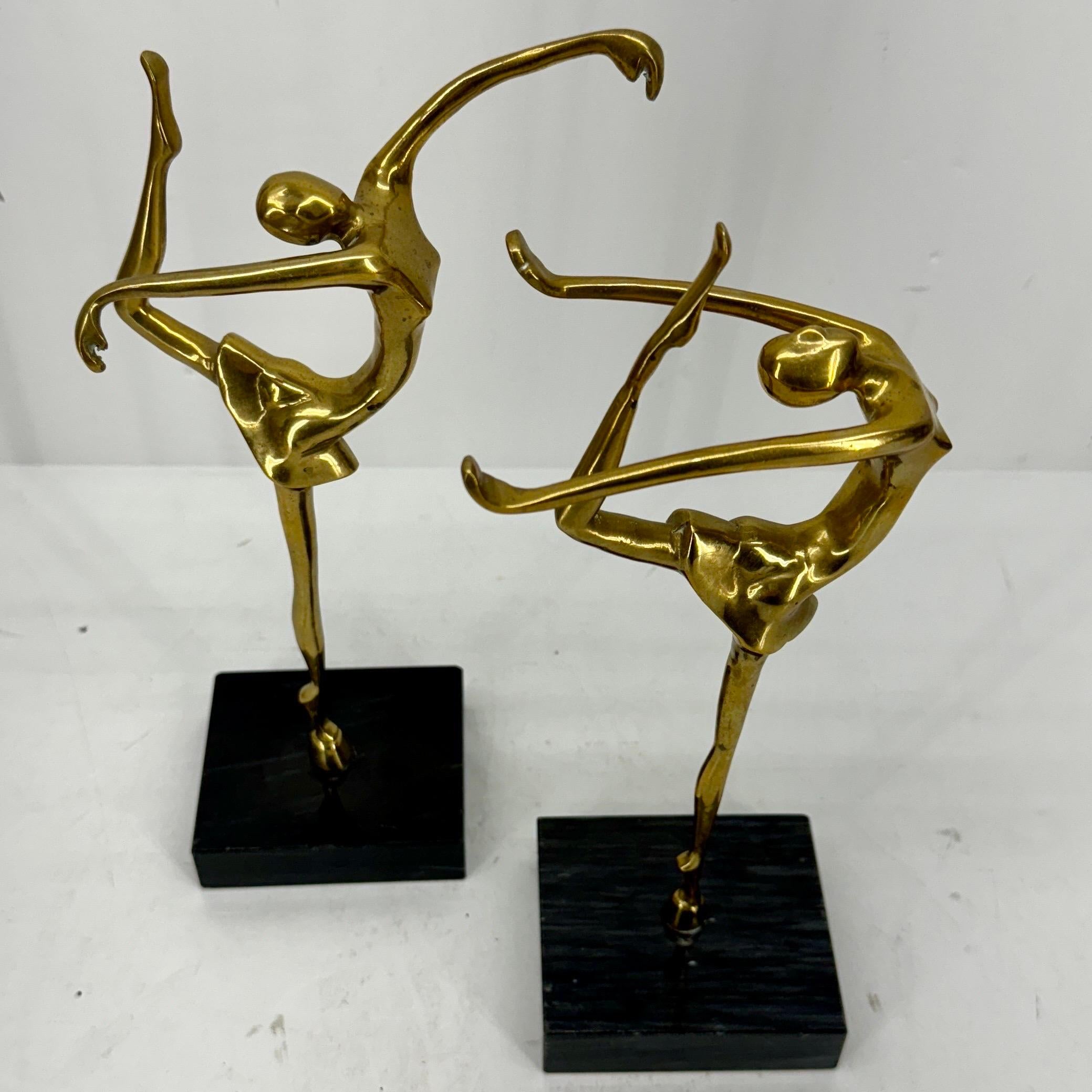 20th Century Pair Mid-Century Brass Ballerinas Table Sculptures on Marble For Sale