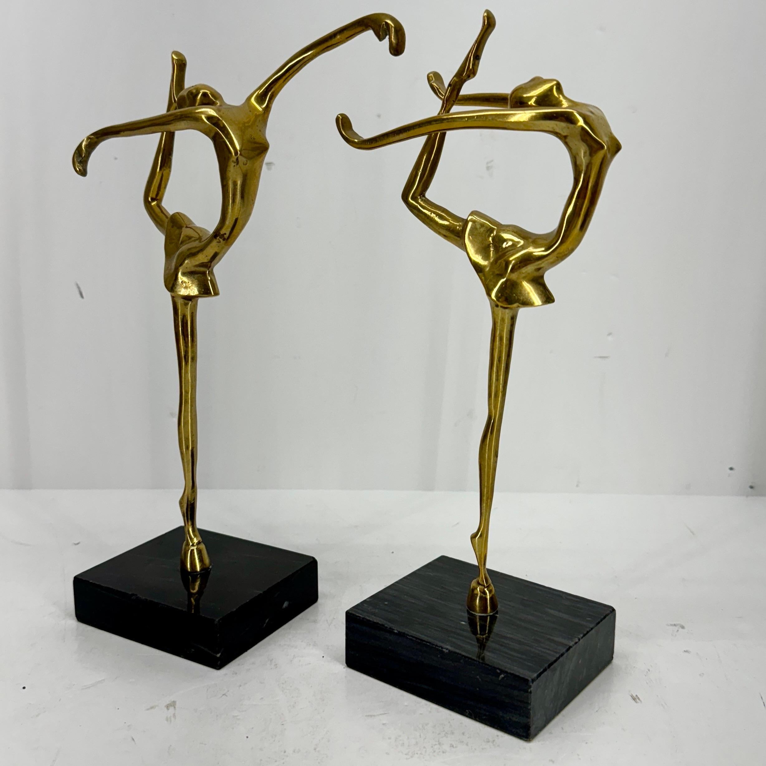 Pair Mid-Century Brass Ballerinas Table Sculptures on Marble For Sale 3