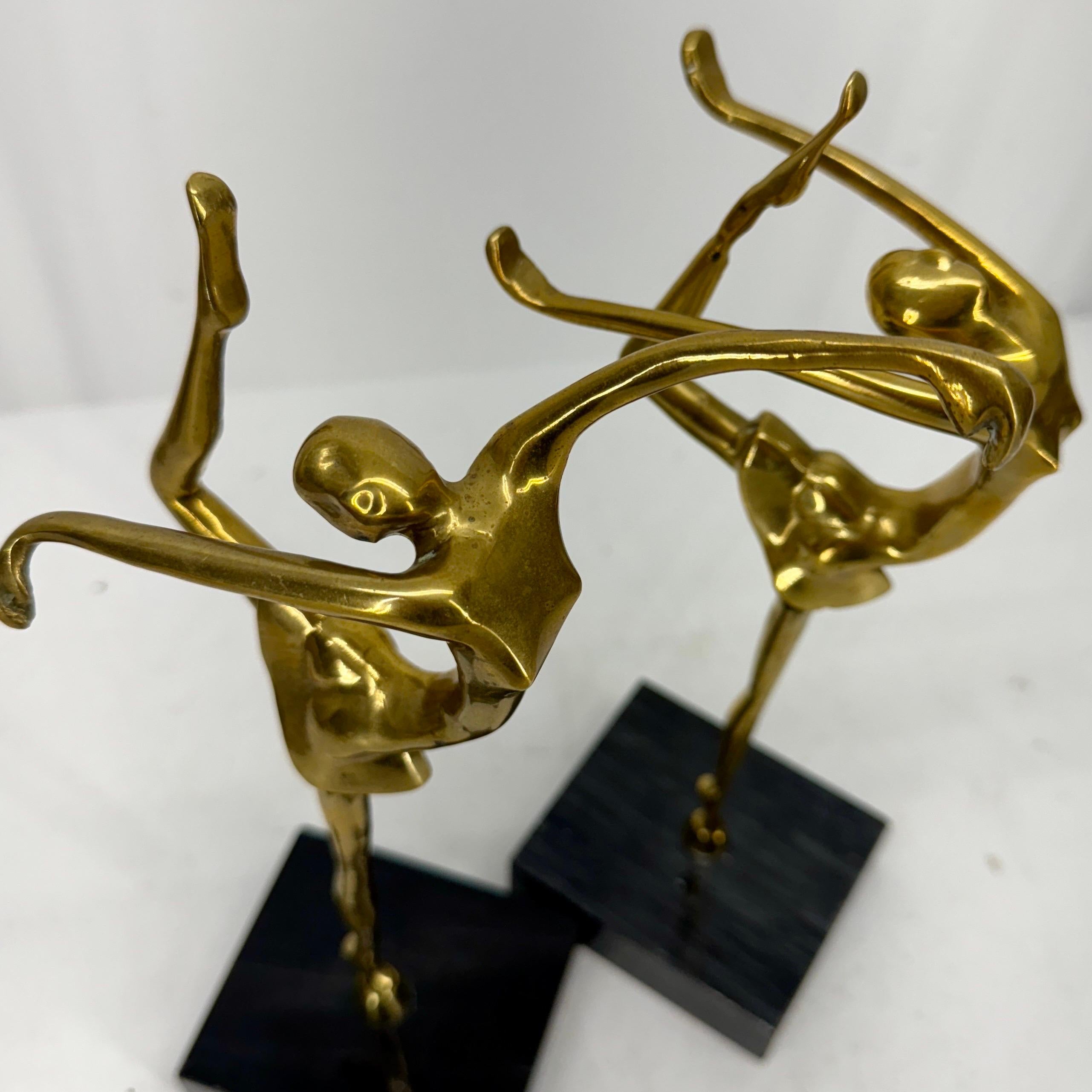 Pair Mid-Century Brass Ballerinas Table Sculptures on Marble For Sale 4
