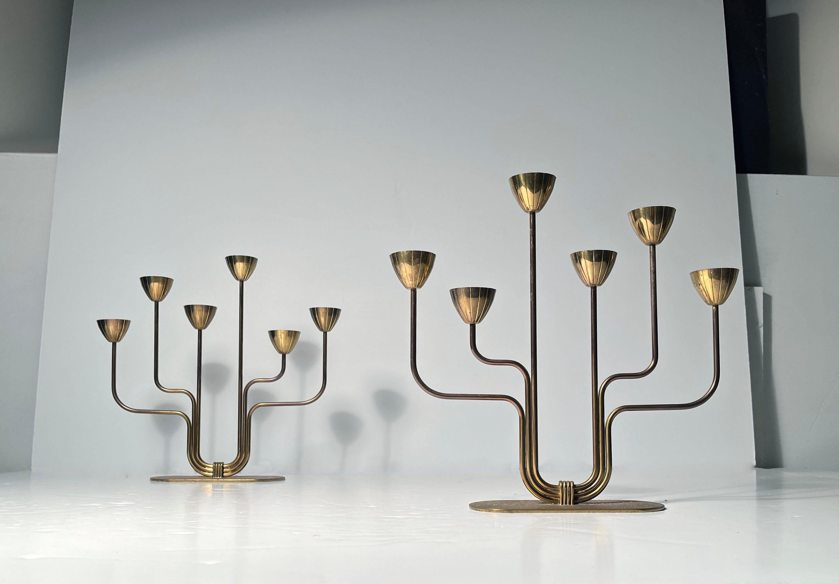 Mid-Century Modern Pair Mid-Century Brass Candelabras by Gunnar Ander / Ystad Metall Sweden For Sale
