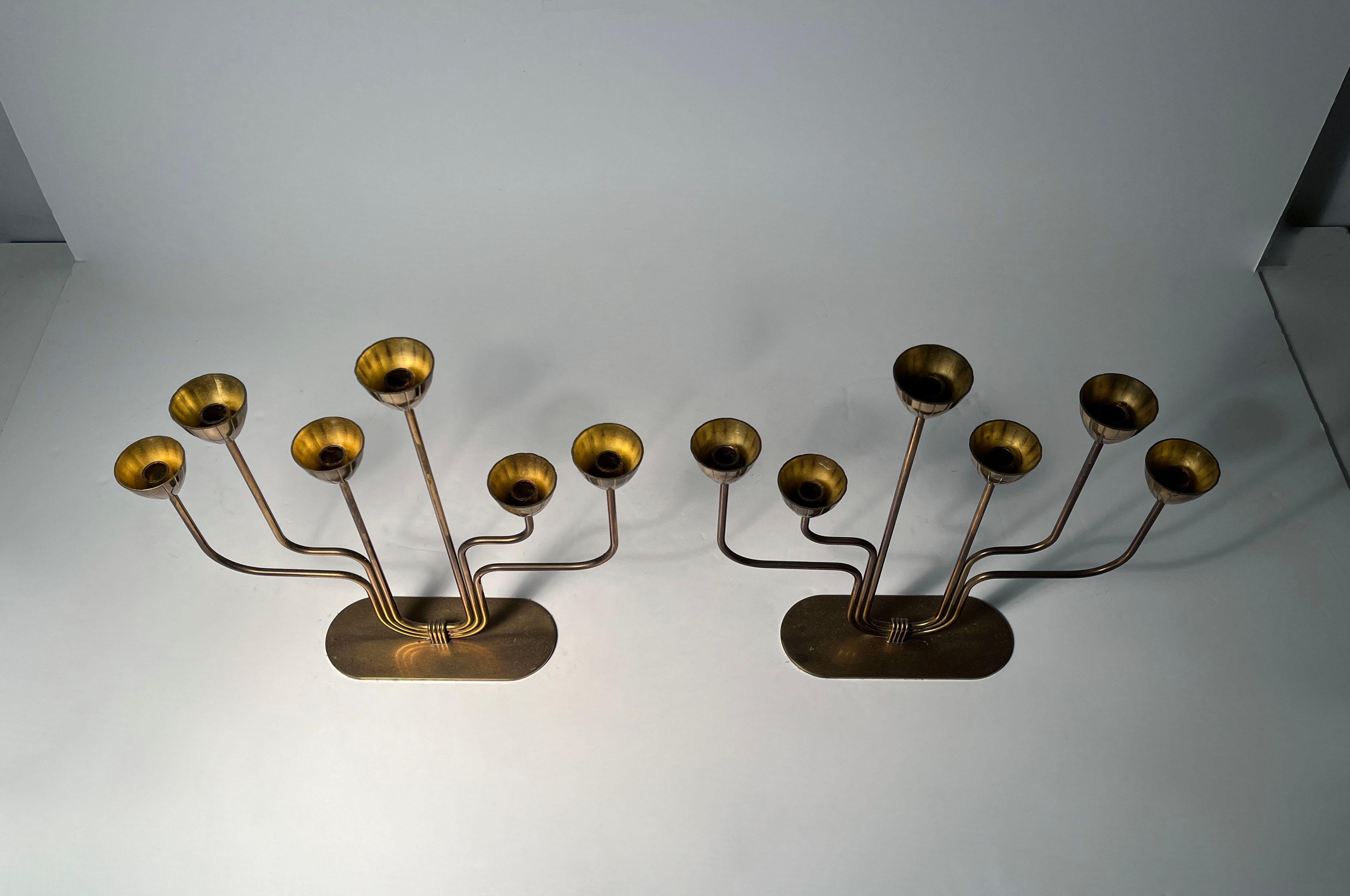 Swedish Pair Mid-Century Brass Candelabras by Gunnar Ander / Ystad Metall Sweden For Sale