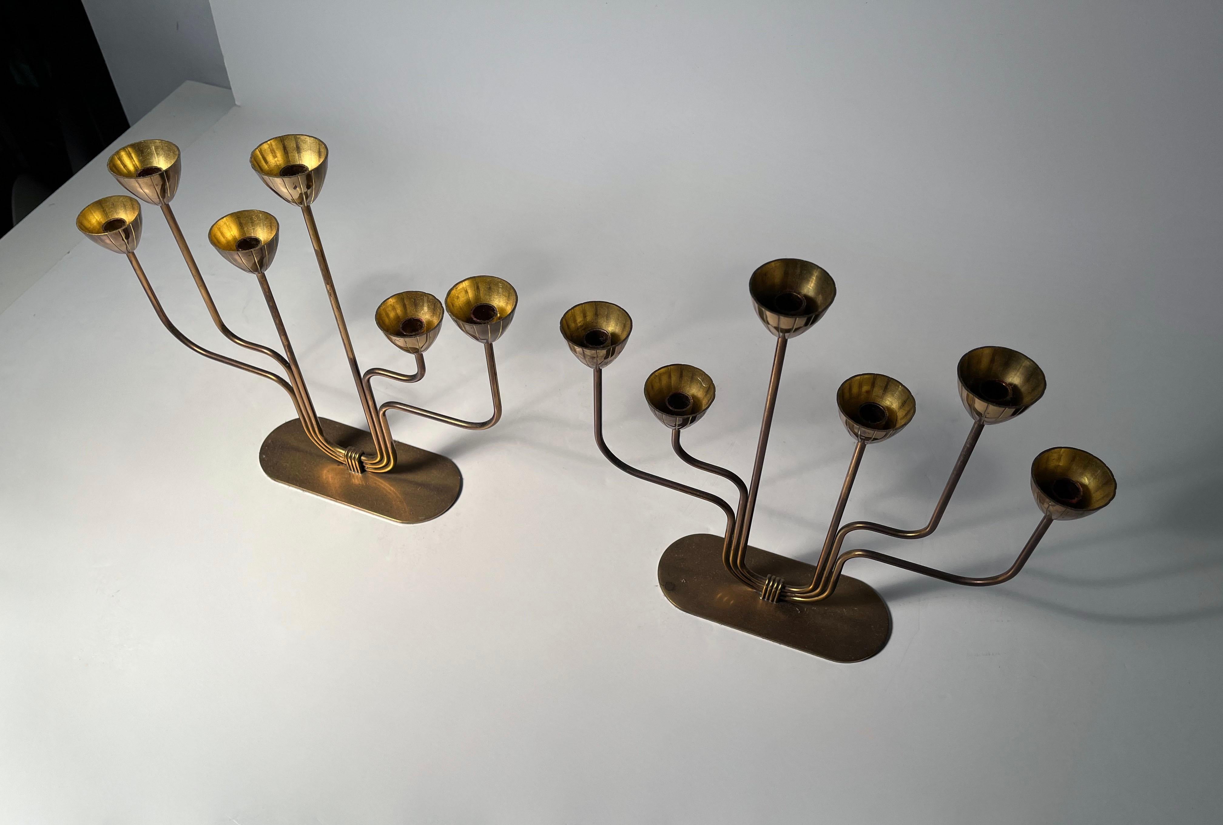 Pair Mid-Century Brass Candelabras by Gunnar Ander / Ystad Metall Sweden In Good Condition For Sale In Chicago, IL