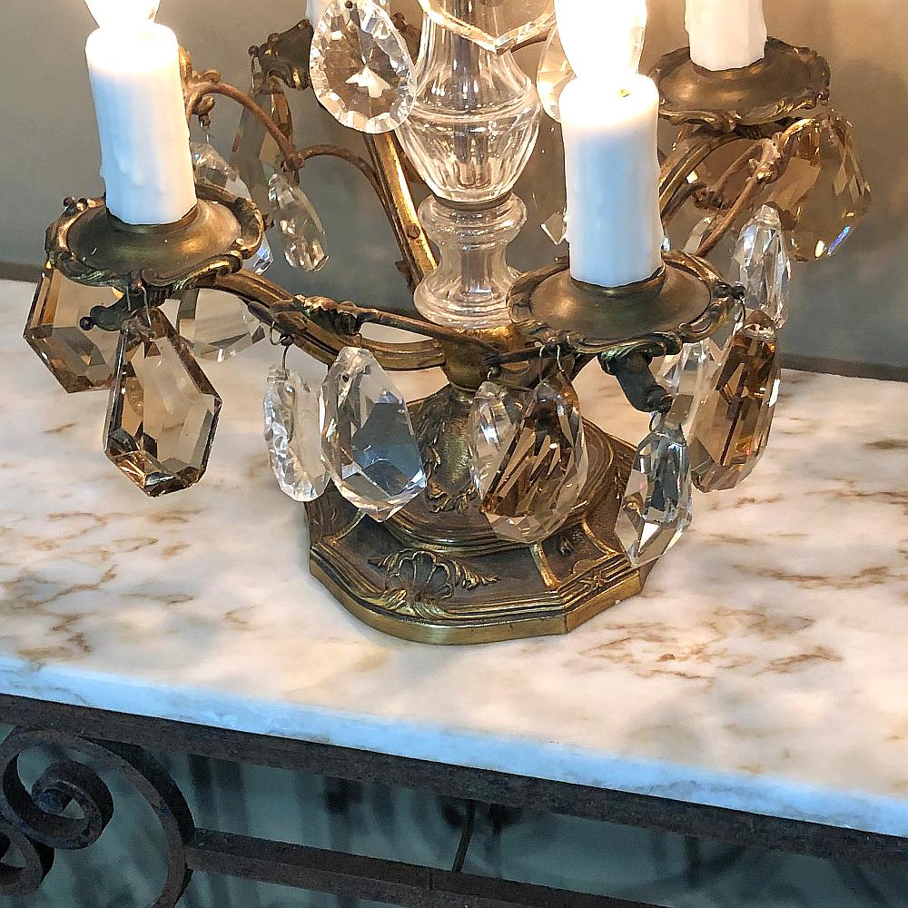 Pair of Midcentury Brass and Crystal Neoclassical Girandoles or Sconces For Sale 4