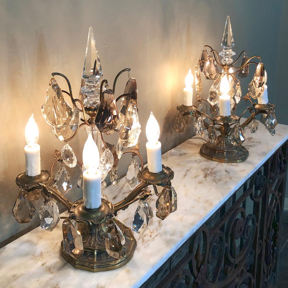 French Pair of Midcentury Brass and Crystal Neoclassical Girandoles or Sconces For Sale
