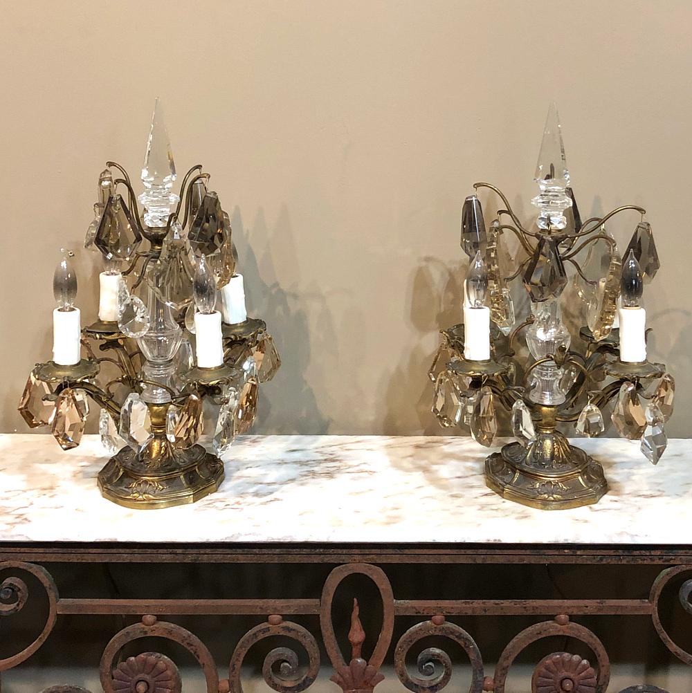 Hand-Crafted Pair of Midcentury Brass and Crystal Neoclassical Girandoles or Sconces For Sale